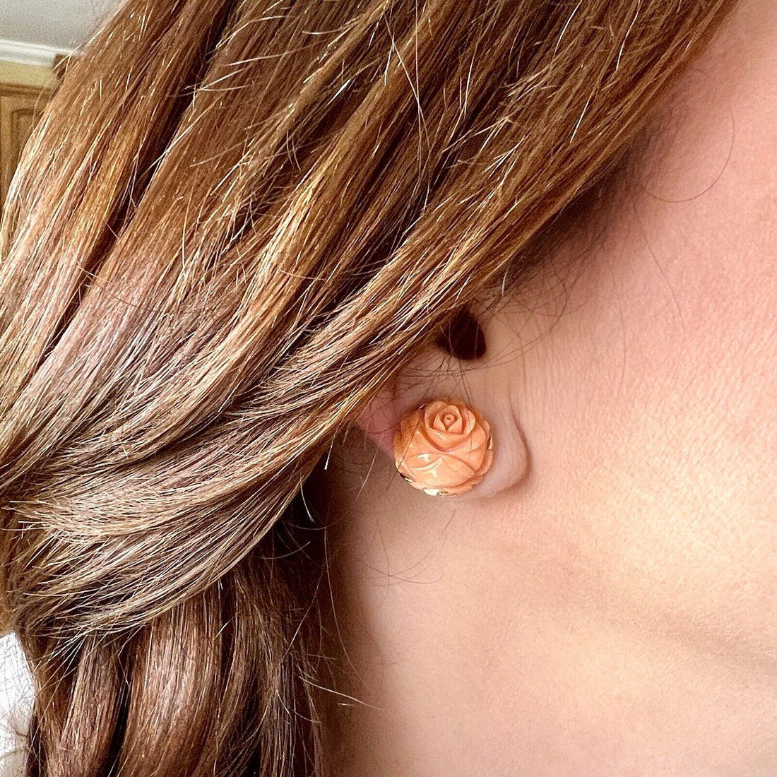Vintage No-Dye Japanese Carved Coral Rose (14Ct) and 14K Gold Stud Earrings, New