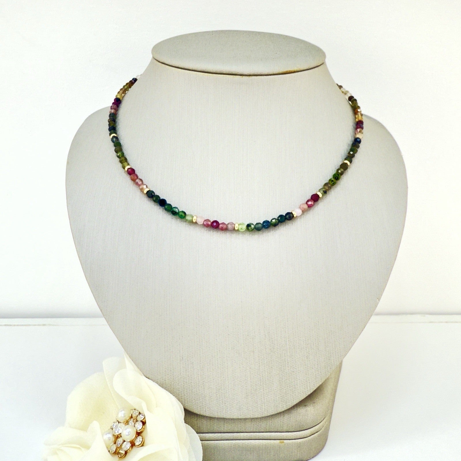 14k Yellow Gold Multicolor Tourmaline Bead Necklace, New 16"
