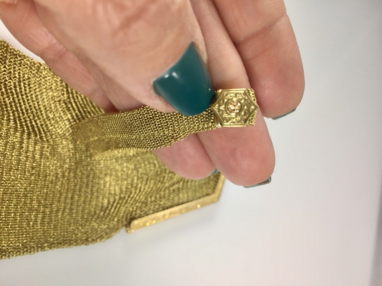 Antique Belle Epoque 18kt Solid Yellow Gold & Sapphire Hand Engraved Mesh Purse