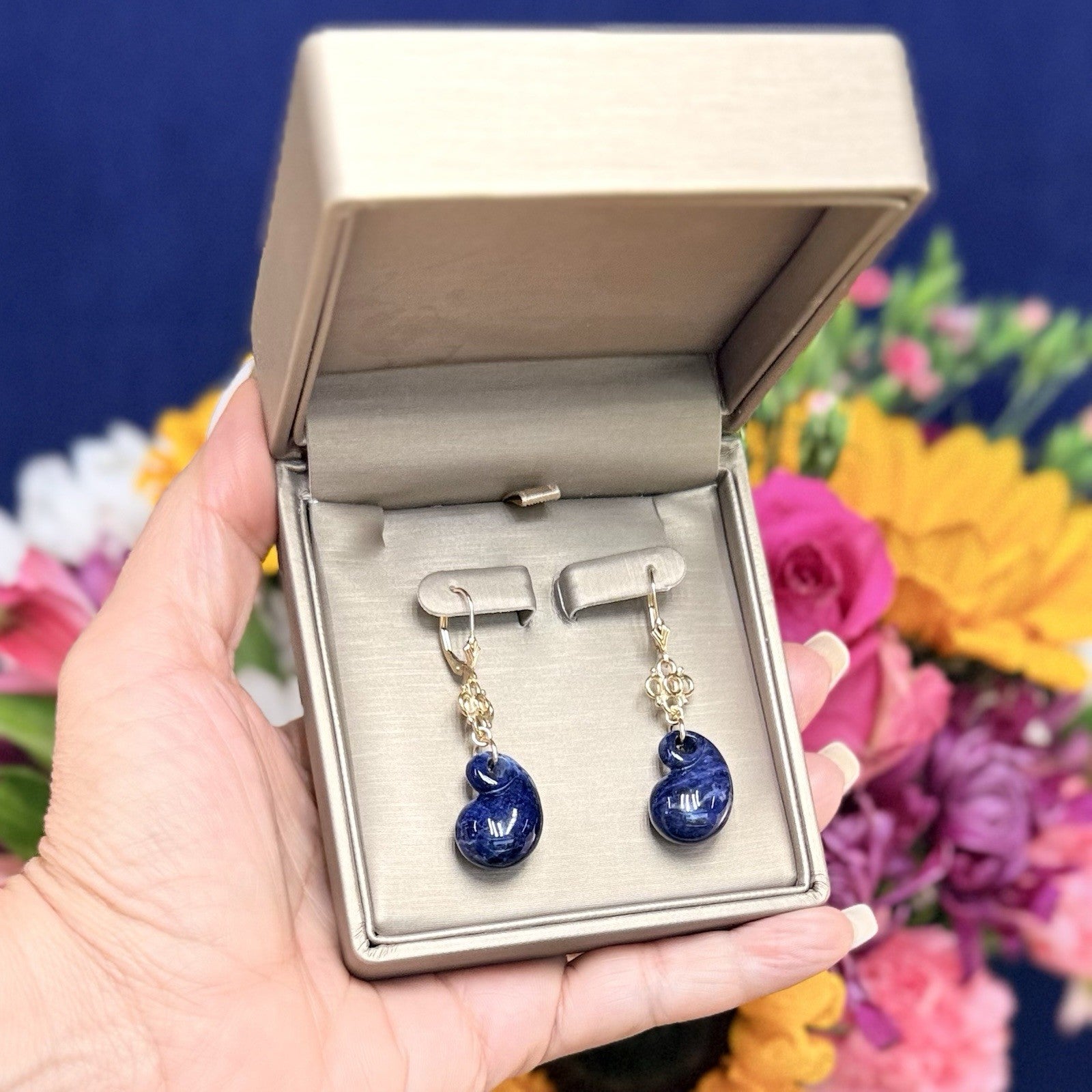 14k Yellow Gold Genuine Sodalite Drop Dangle Lever-back Earrings, New 1.87"