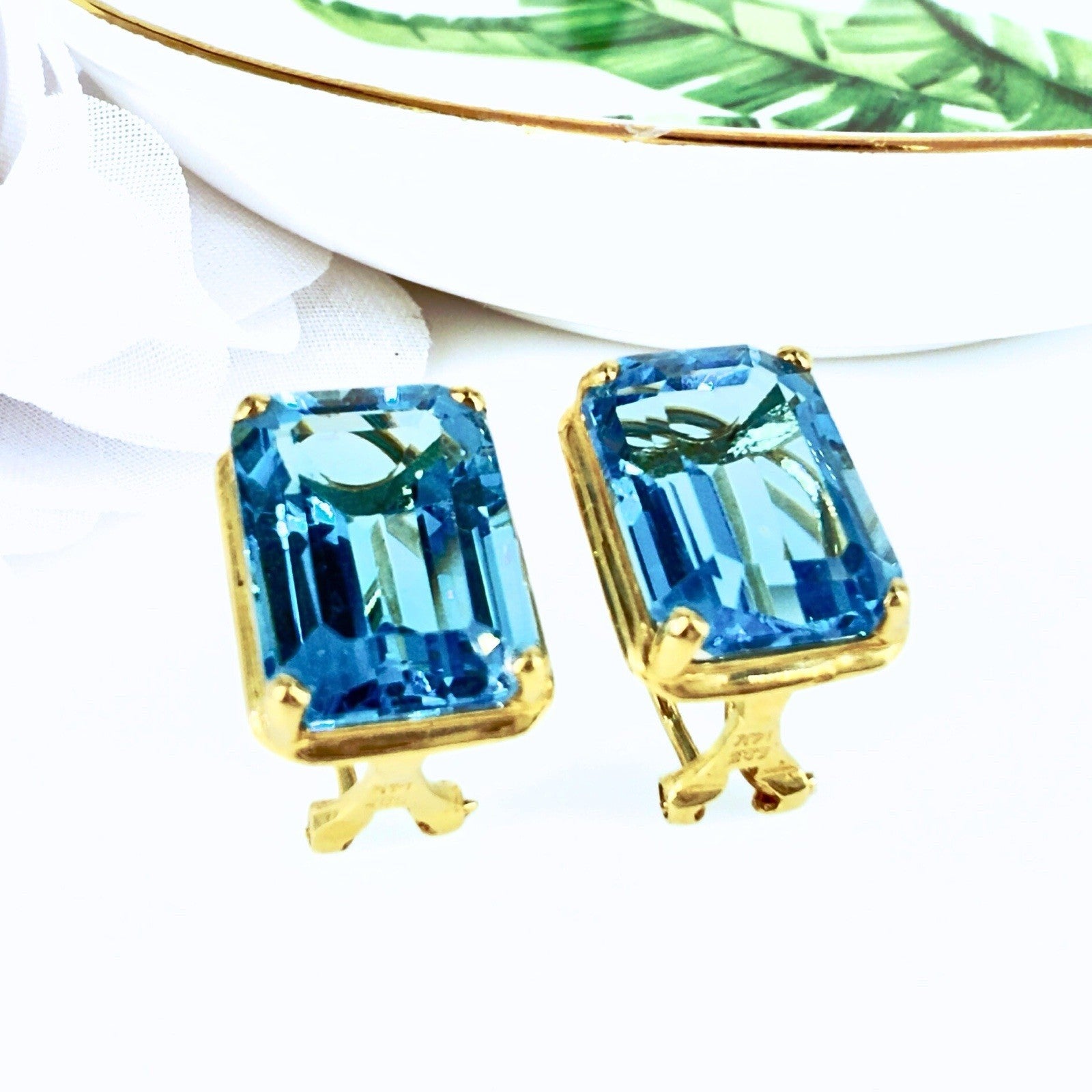 14k Yellow Gold Swiss Blue Topaz Omega Back Earrings, Preowned