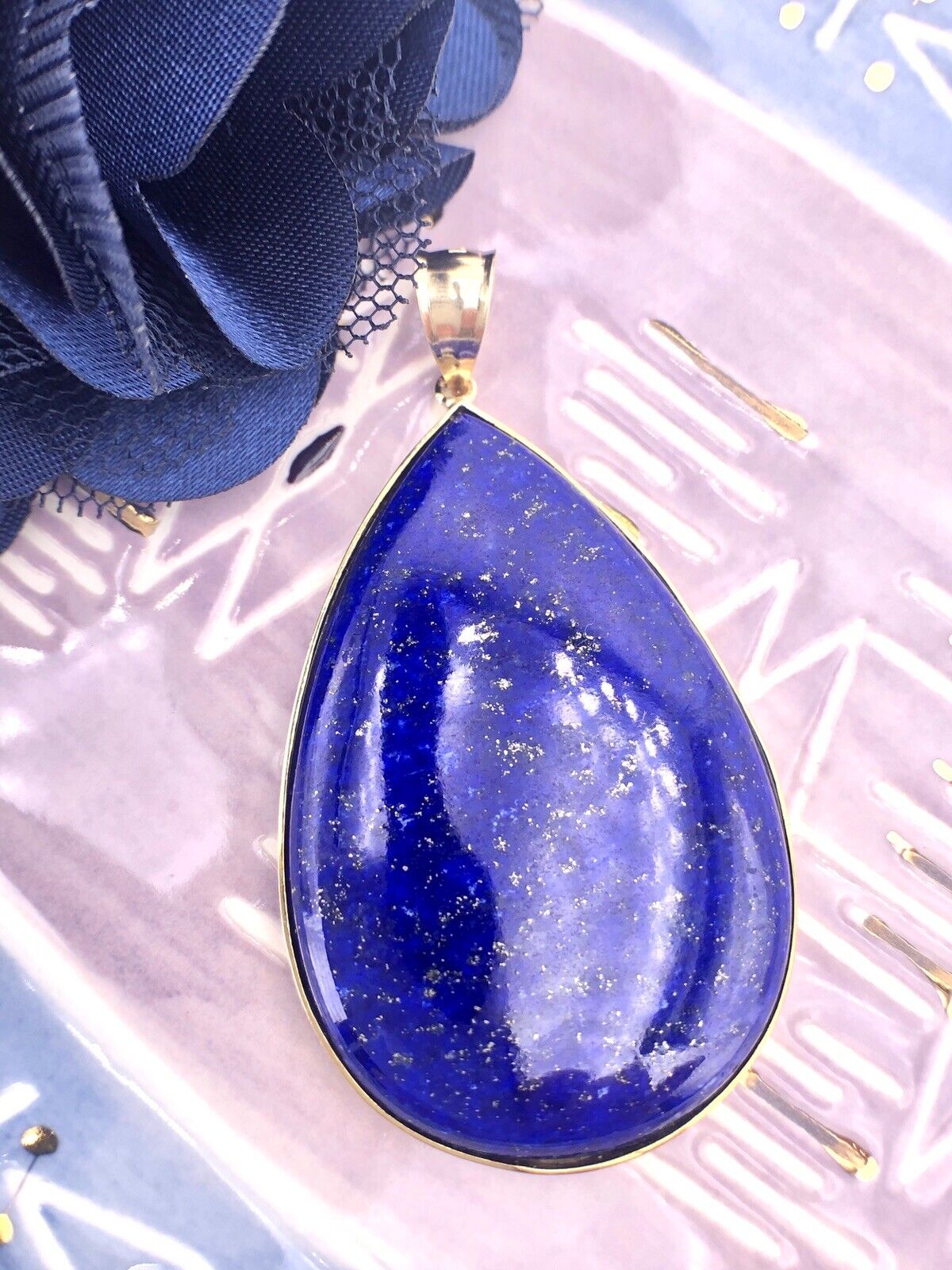 Gorgeous Solid 14K Gold & Genuine Lapis Lazuli (30ct) Large Drop Pendant, New