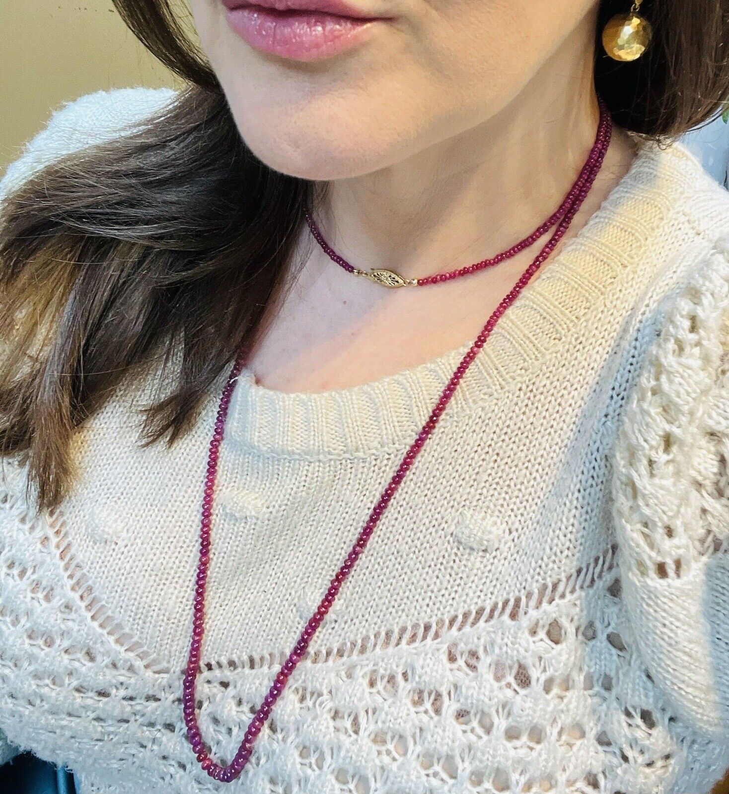 Natural Ruby Smooth Rondelle 14K Yellow Gold Necklace, New 43"