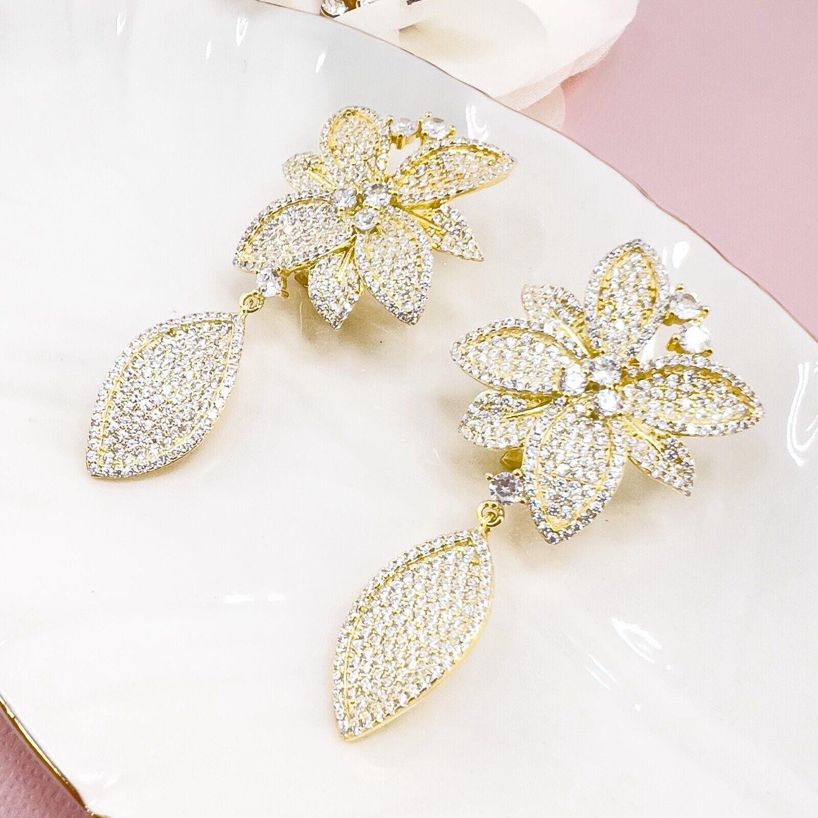 Sterling Silver Vermeil  Flower Cubic Zirconia Dangle/Drop Earrings, New 2.2"