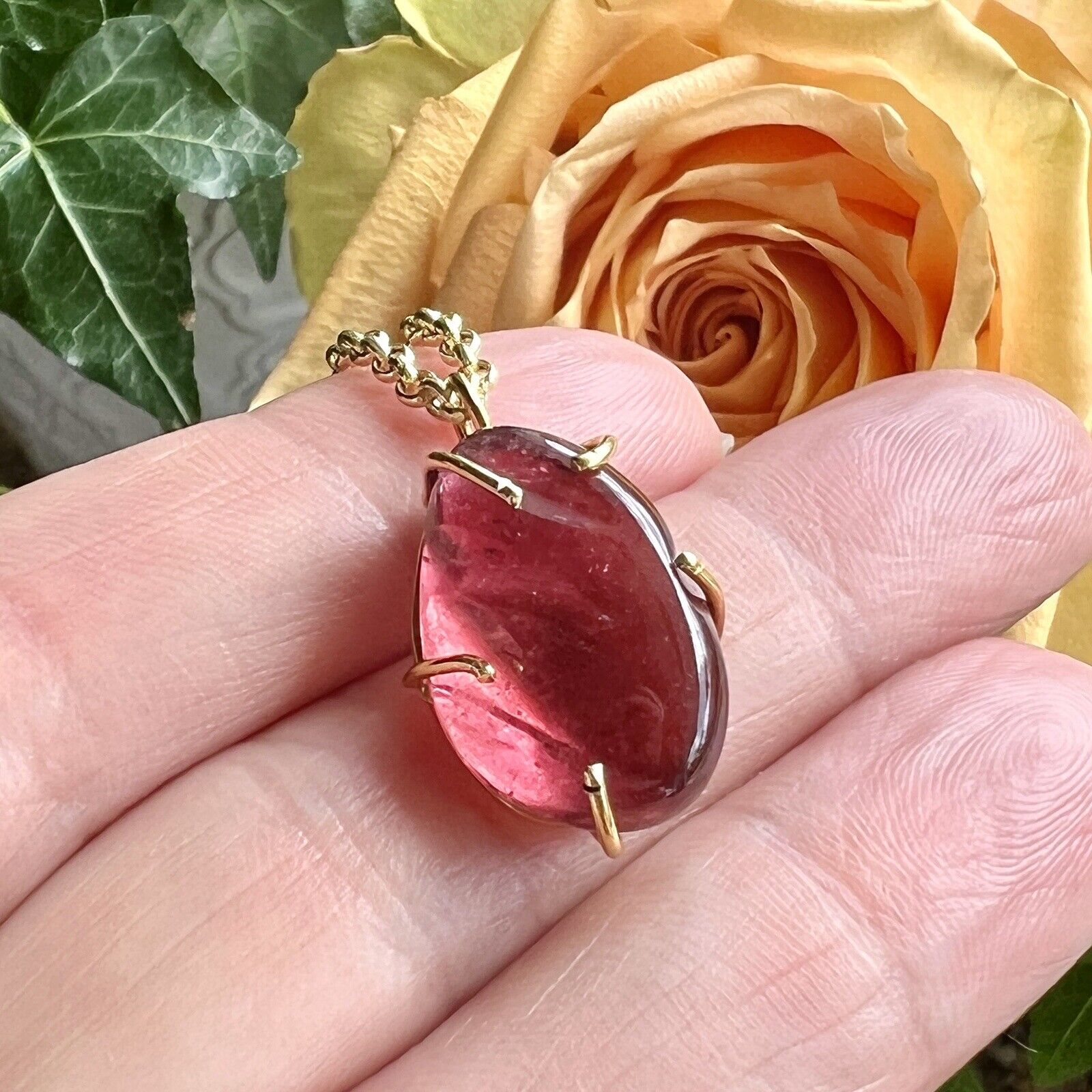 Solid 14k Yellow Gold Natural Smooth Red Tourmaline (16ct) Nugget Pendant, New