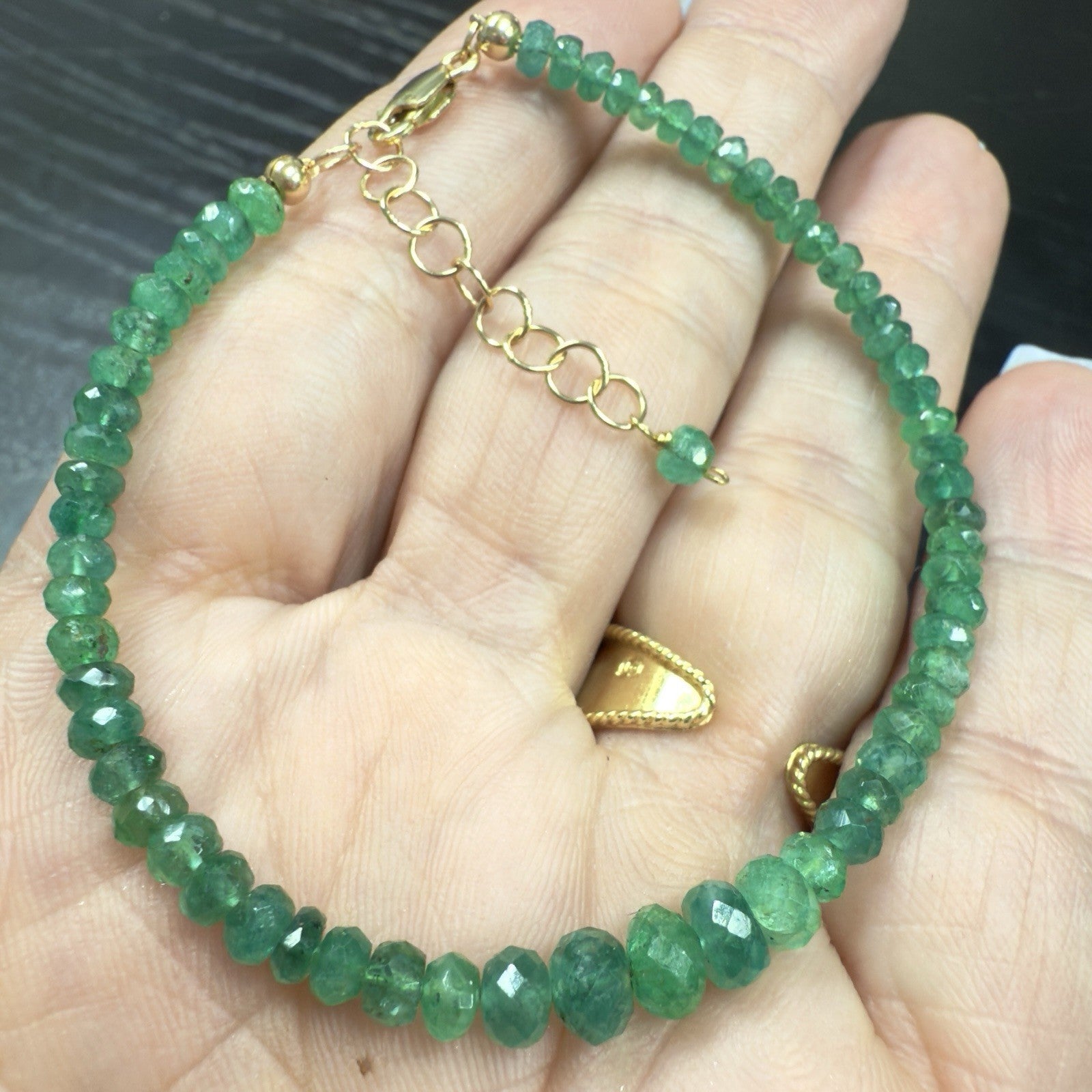 14k Yellow Gold Natural Emerald Bracelet, Adjustable 6.75-7.75", New