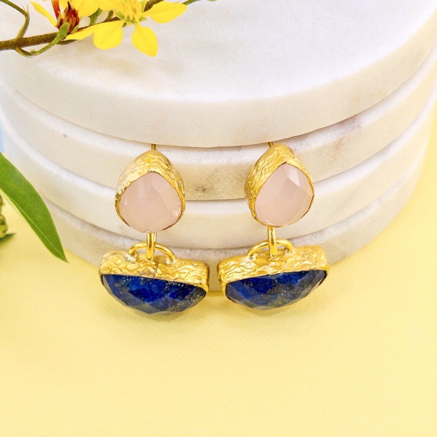 Etruscan Revival Genuine Rose Chalcedony & Lapis Lazuli GP Dangle/Drop Earrings