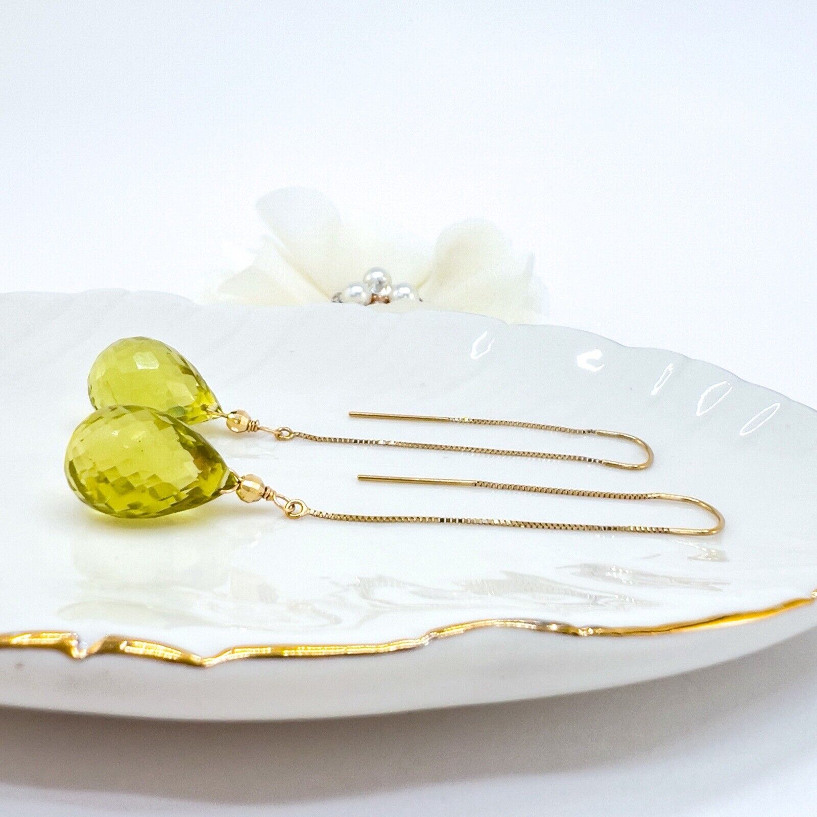 14k Yellow Gold Genuine Lemon Citrine Threader Drop/Dangle Earrings, New, 2.80"