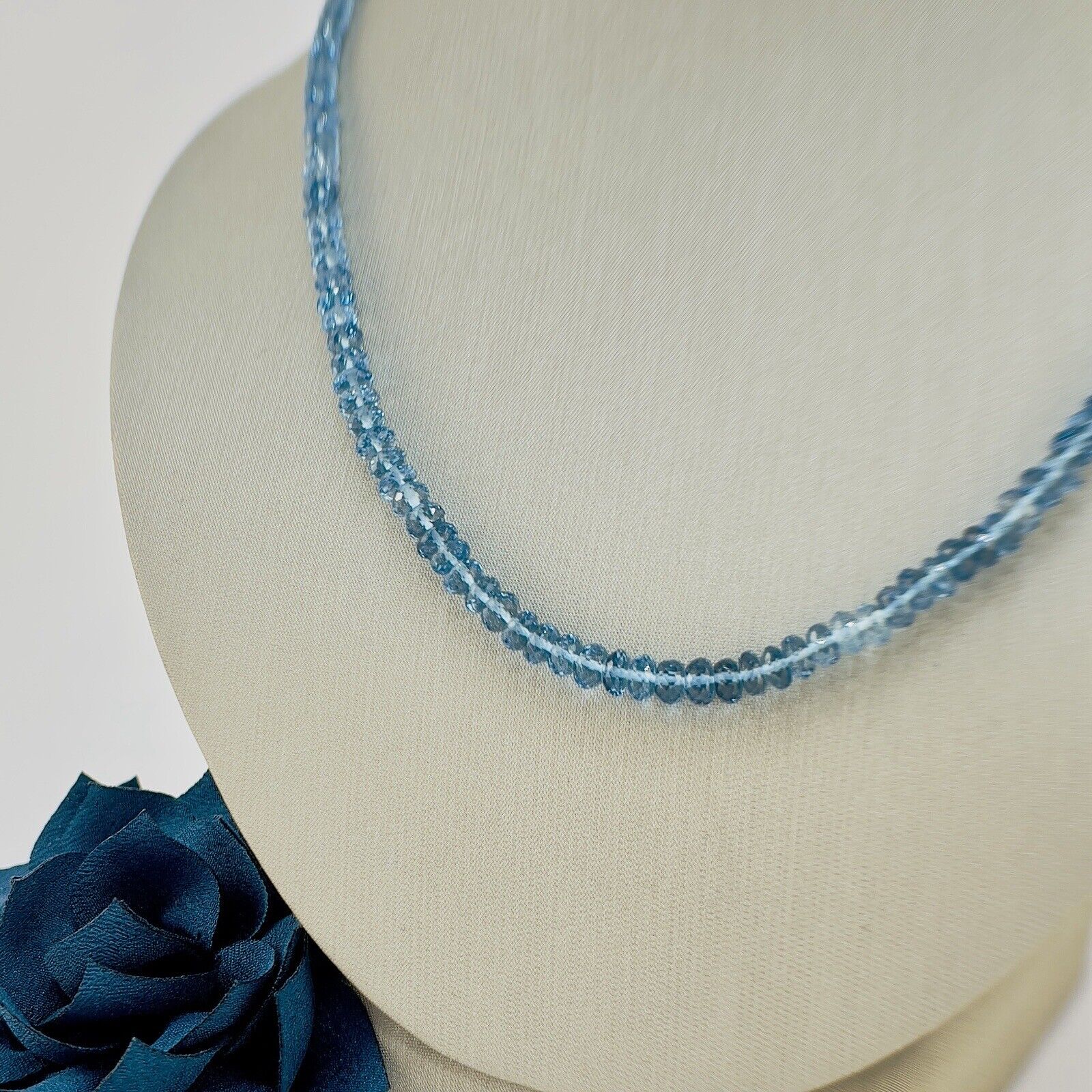 Solid 14k White Gold Genuine London Blue Topaz Necklace, New 17.25”