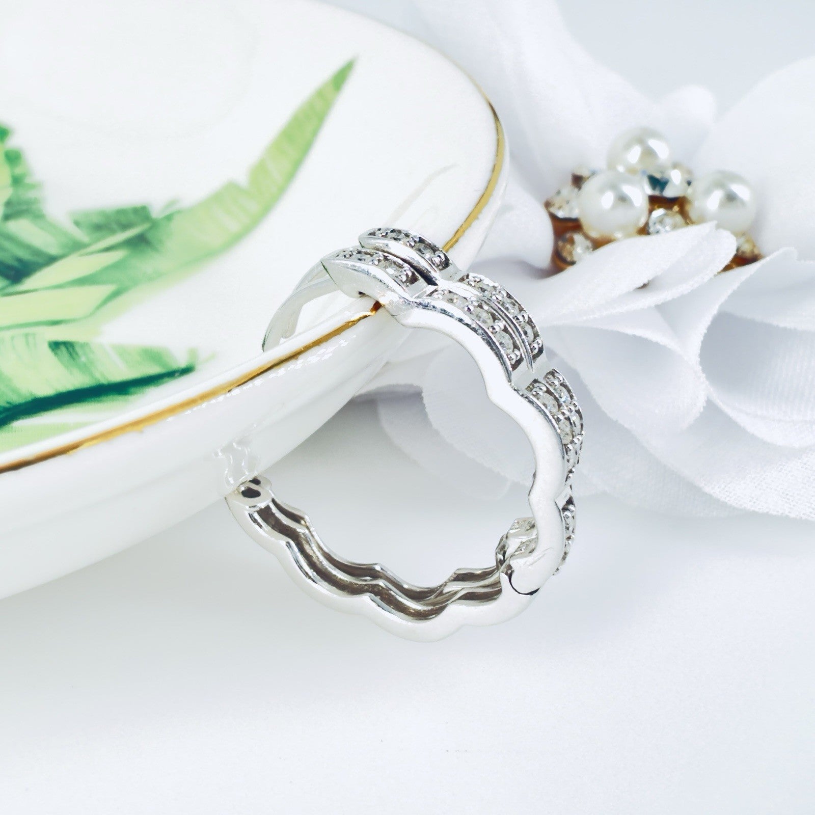 14K White Gold & Genuine Diamond Scalloped Oval Hoop Earrings, New