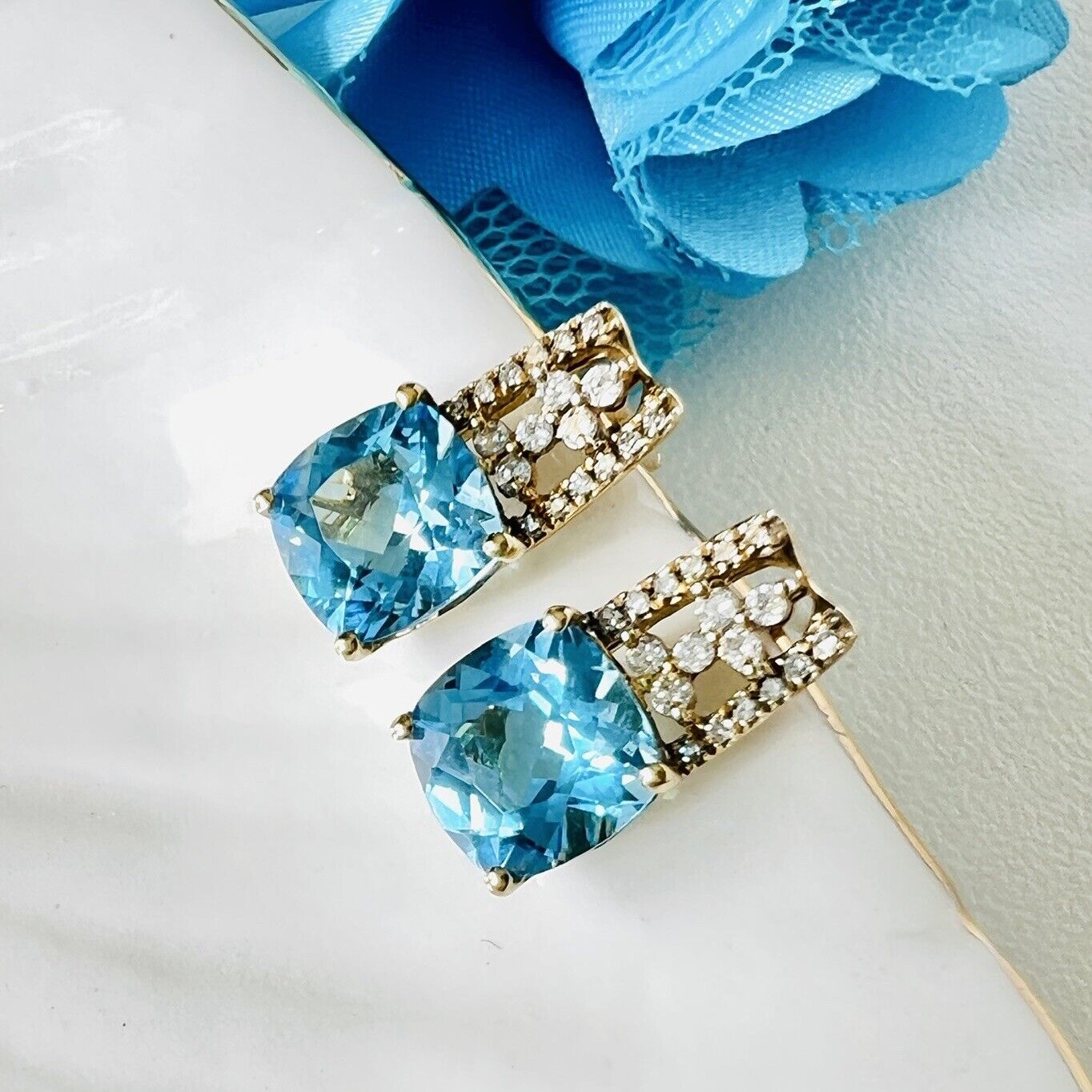 Solid 10k Yellow Gold Genuine Blue Topaz & Diamond Stud Earrings, New