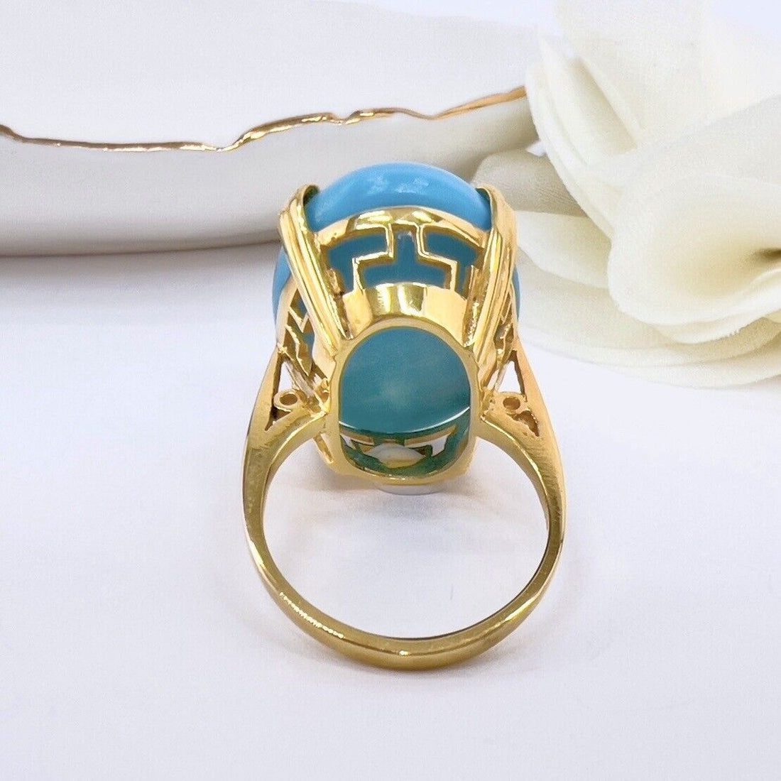 Vintage European 8k Yellow Gold American Turquoise & Diamond Ring, Size 4.75