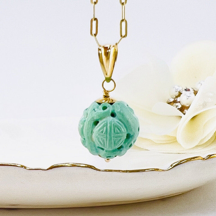 Natural Turquoise "Long Life" Carved 10.5mm 14k Yellow Gold Pendant, New