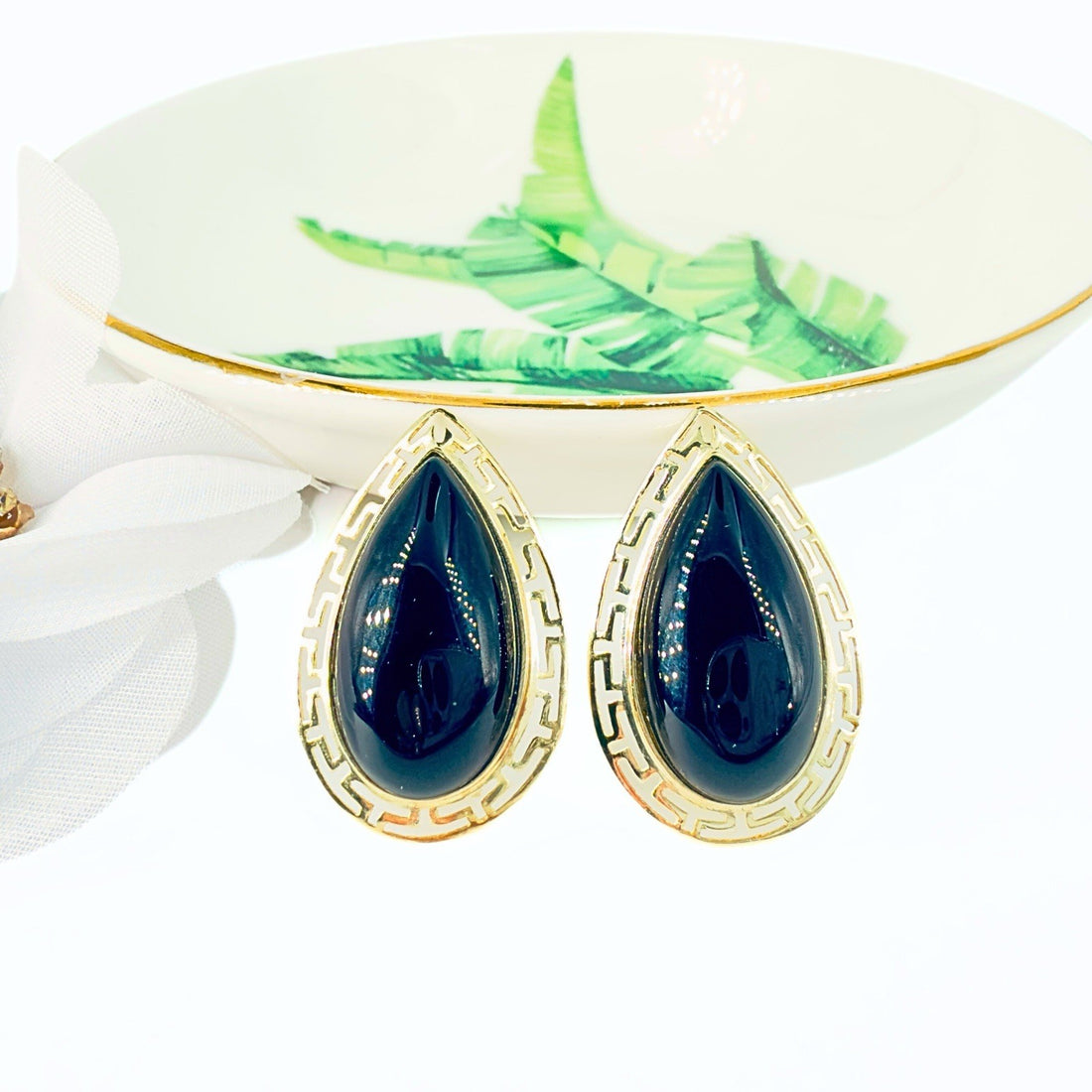 14k Yellow Gold Black Onyx Omega Back Earrings, Preowned