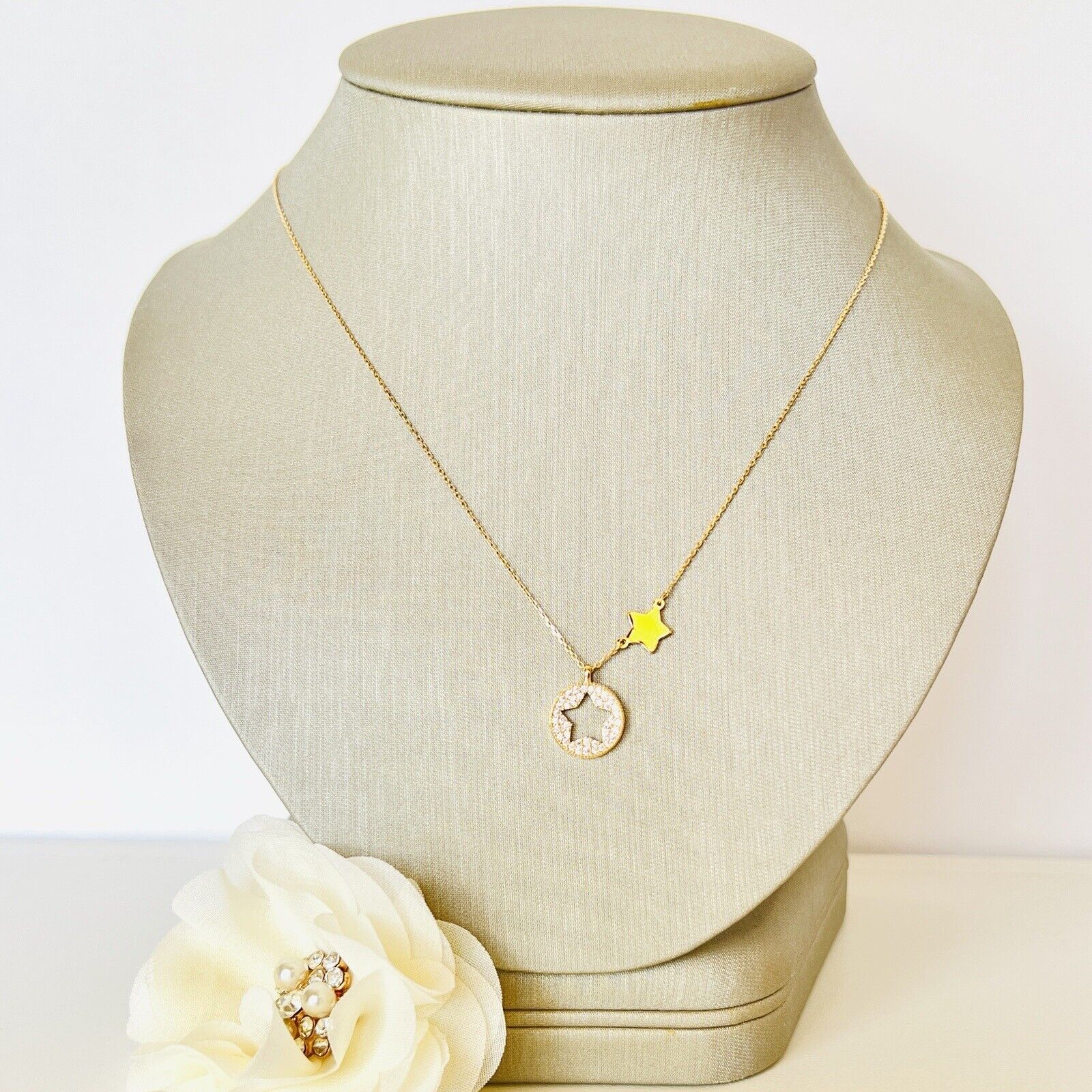 Solid 14k Yellow Gold Pave CZ Star Charm Chain Necklace, New 16"-18"