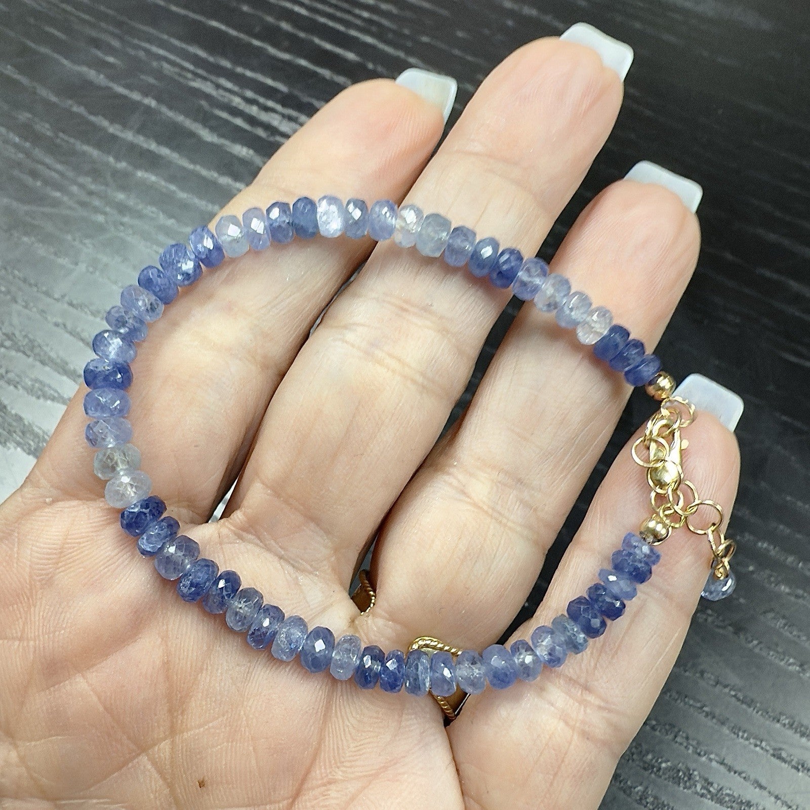 14k Yellow Gold Multitone Blue Sapphire Bracelet, Adjustable 6.75-7.75", New