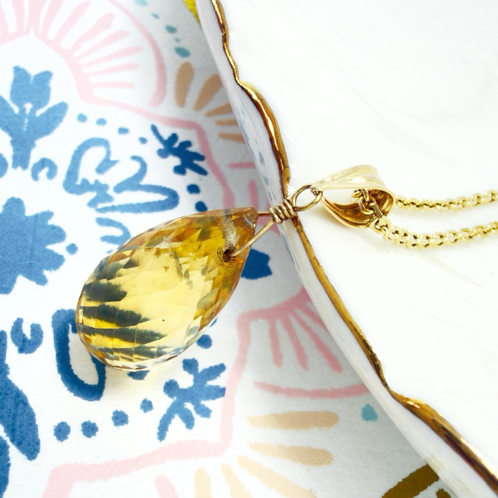 14k Yellow Gold Genuine Citrine Drop Pendant, 1" New