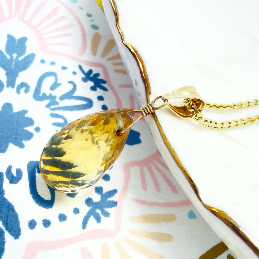 14k Yellow Gold Genuine Citrine Drop Pendant, 1" New