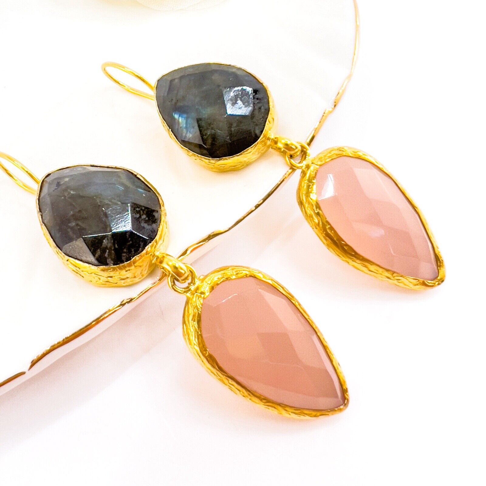 Etruscan Revival Labradorite & Rose Chalcedony Earrings 22k Yellow Gold Overlay