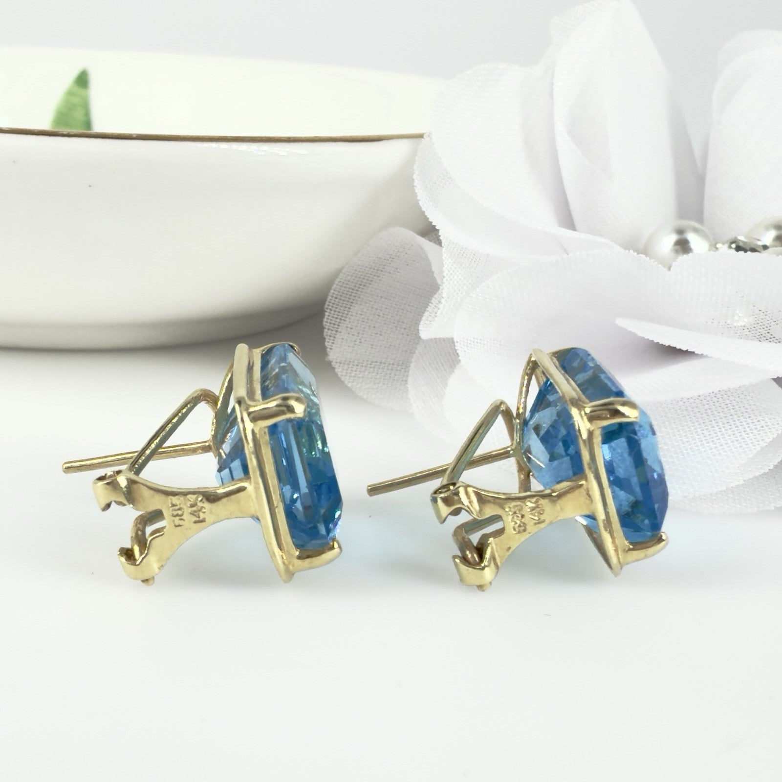 14k Yellow Gold Swiss Blue Topaz Omega Back Earrings, Preowned