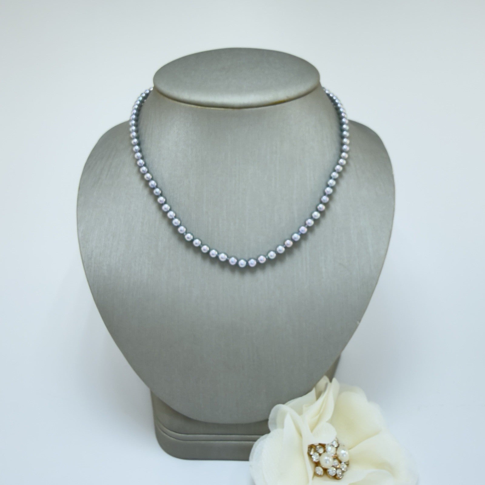 14k White Gold Akoya Silver Pearl (4-4.5mm) Necklace, Newly Handcrafted 15.5"