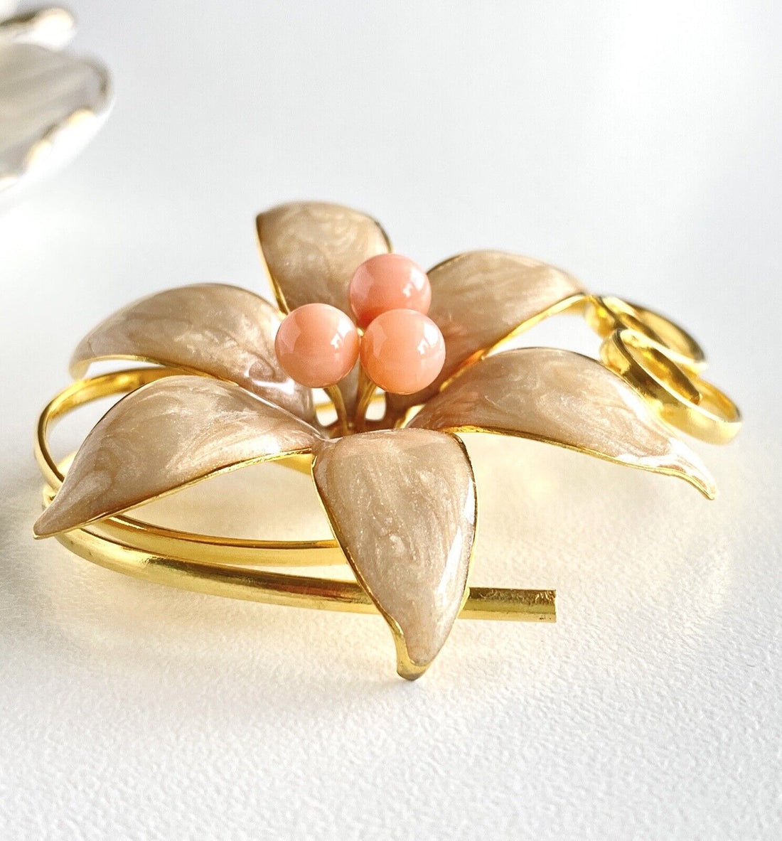 Heavy Gold Plated & Enameled Natural Coral Brooch/Pin, New Vintage Stock 6 Petal