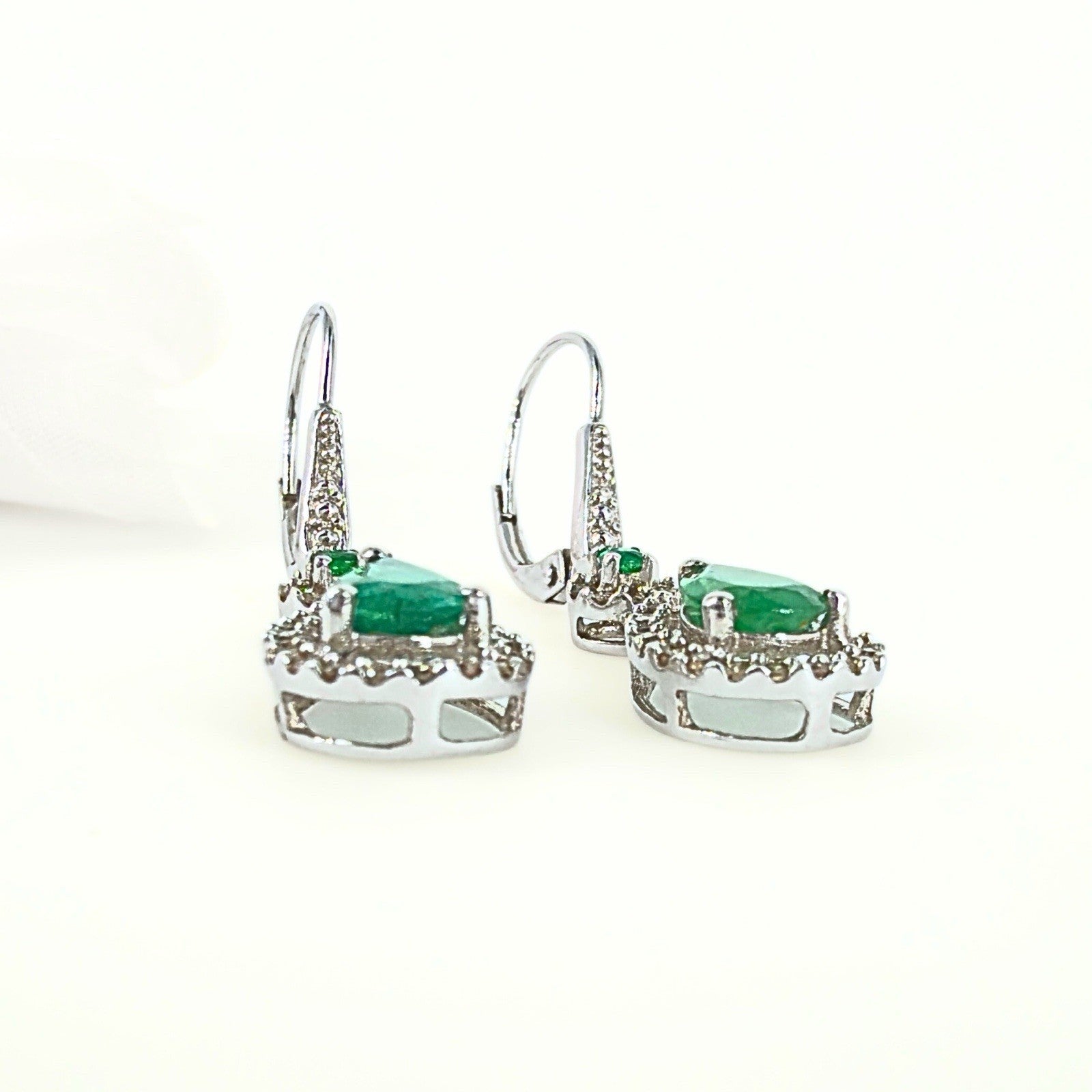 14k White Gold Genuine Emerald & Diamond Leverback Dangle Earrings, Preowned