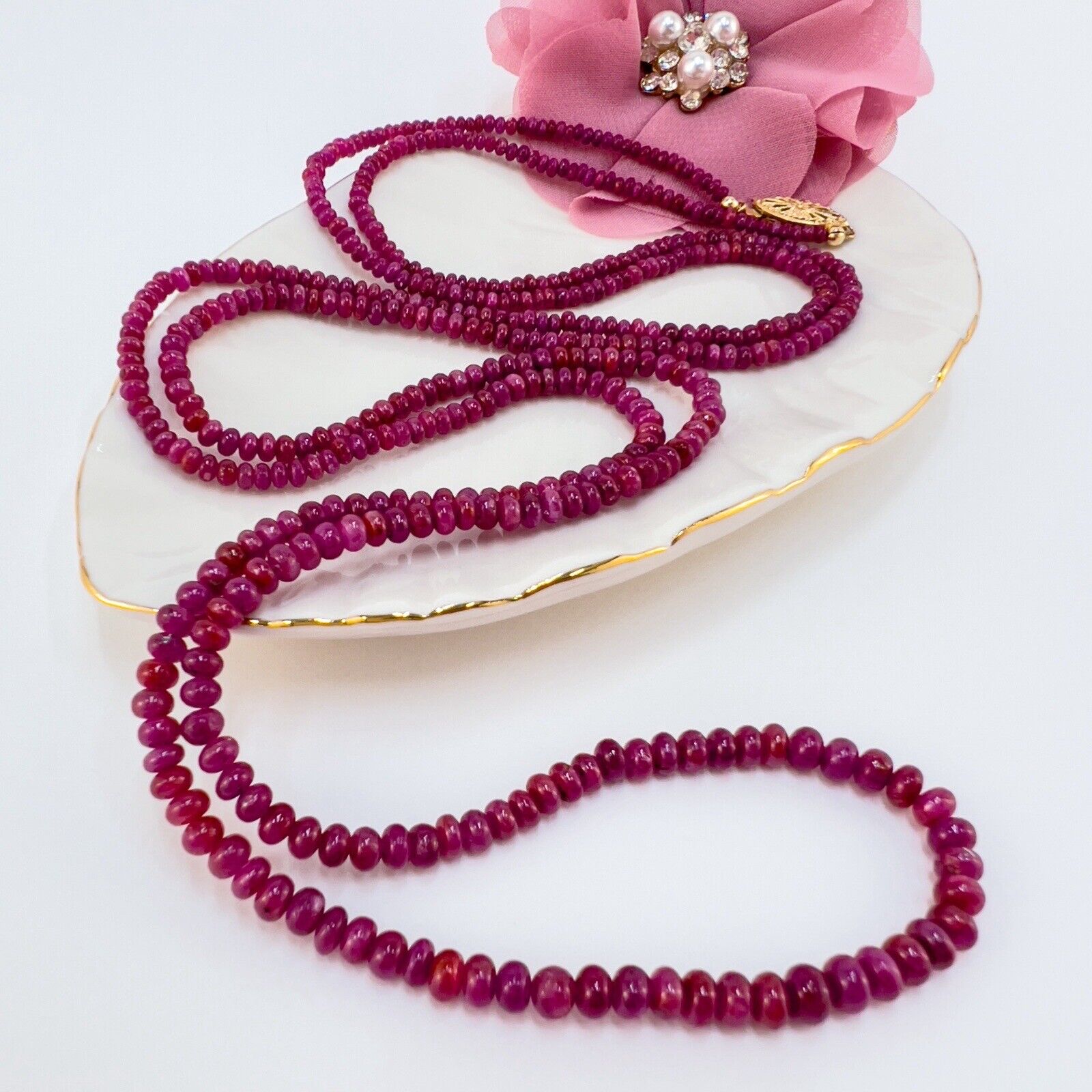 Natural Ruby Smooth Rondelle 14K Yellow Gold Necklace, New 43"