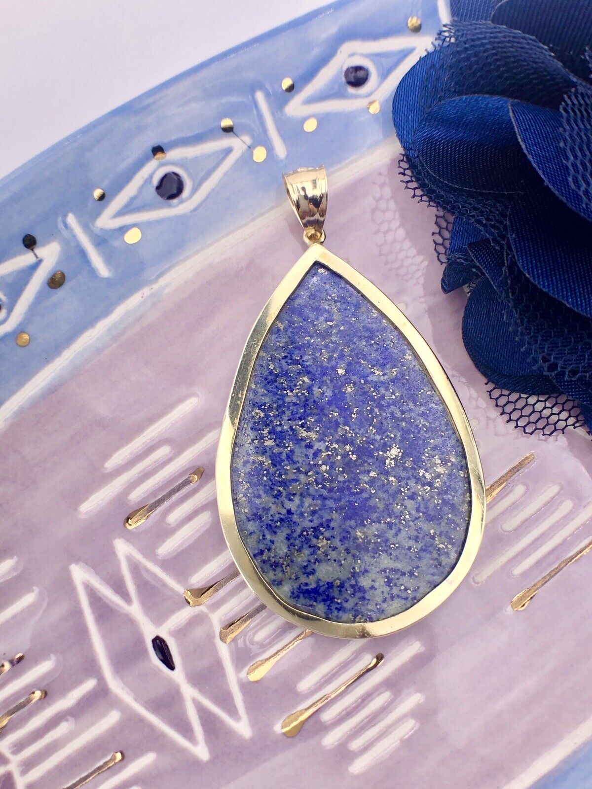Gorgeous Solid 14K Gold & Genuine Lapis Lazuli (30ct) Large Drop Pendant, New