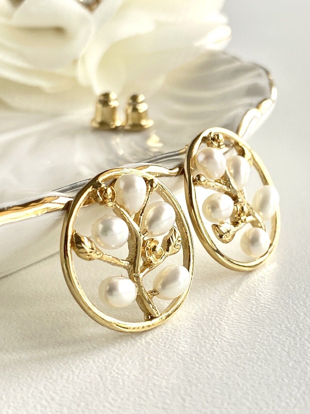 Heavy Gold Plated & Genuine Pearl Stud Earrings, New Vintage Stock