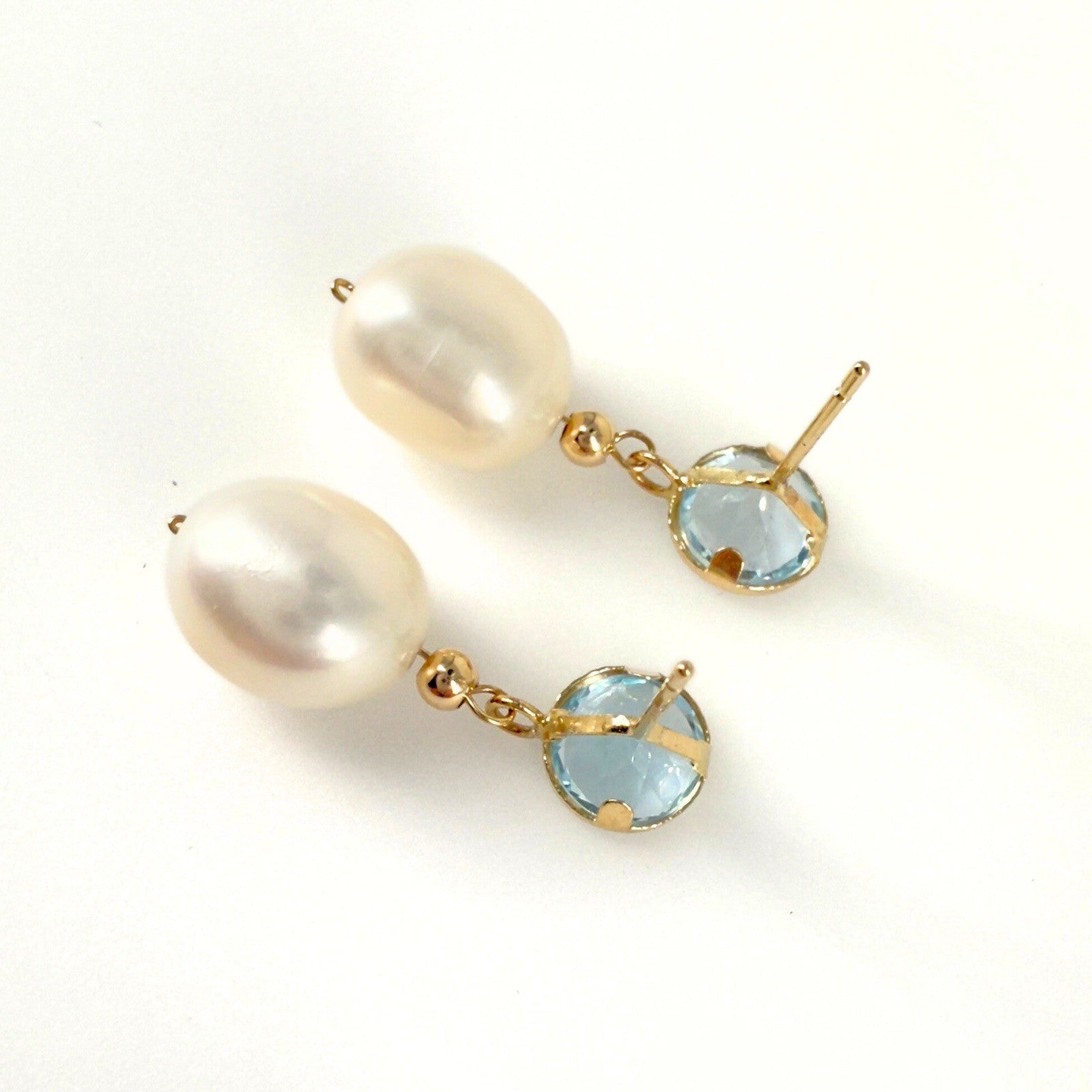14k Yellow Gold Sky Blue Topaz & Genuine Cultured Pearl Dangle/Drop Earrings