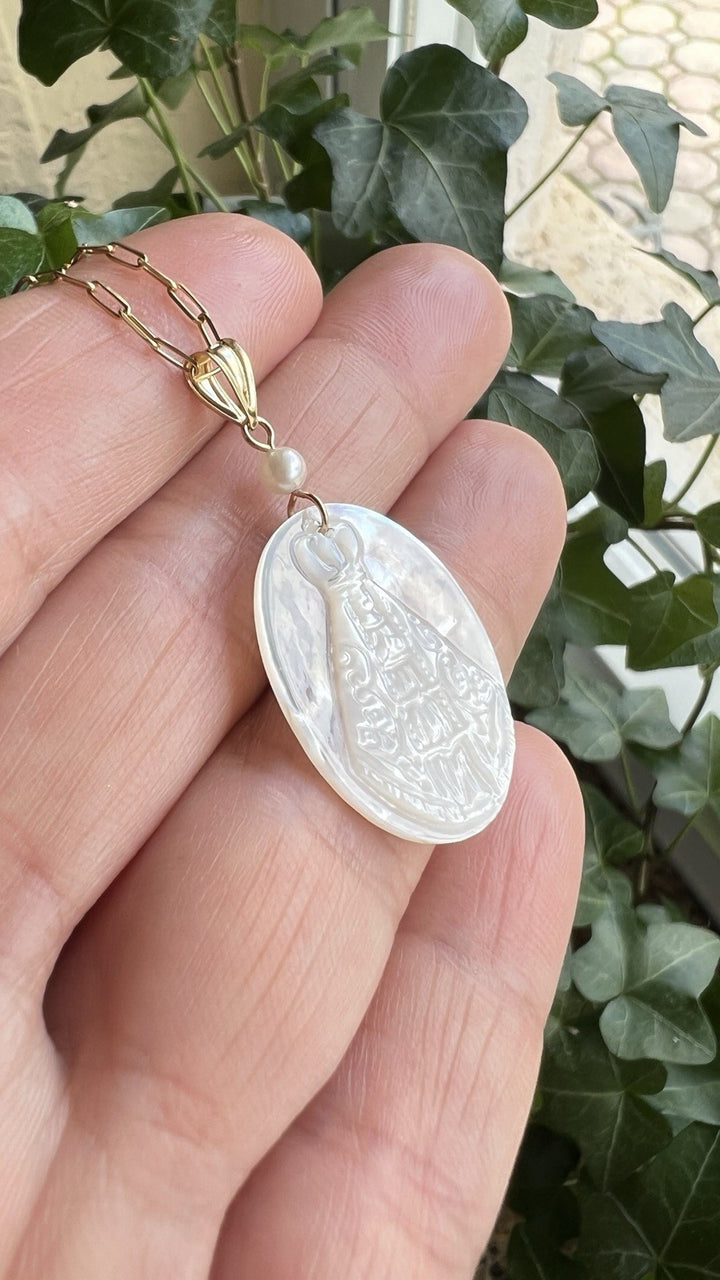 14k Yellow Gold Mother of Pearl Virgen de la Caridad del Cobre Pendant, New