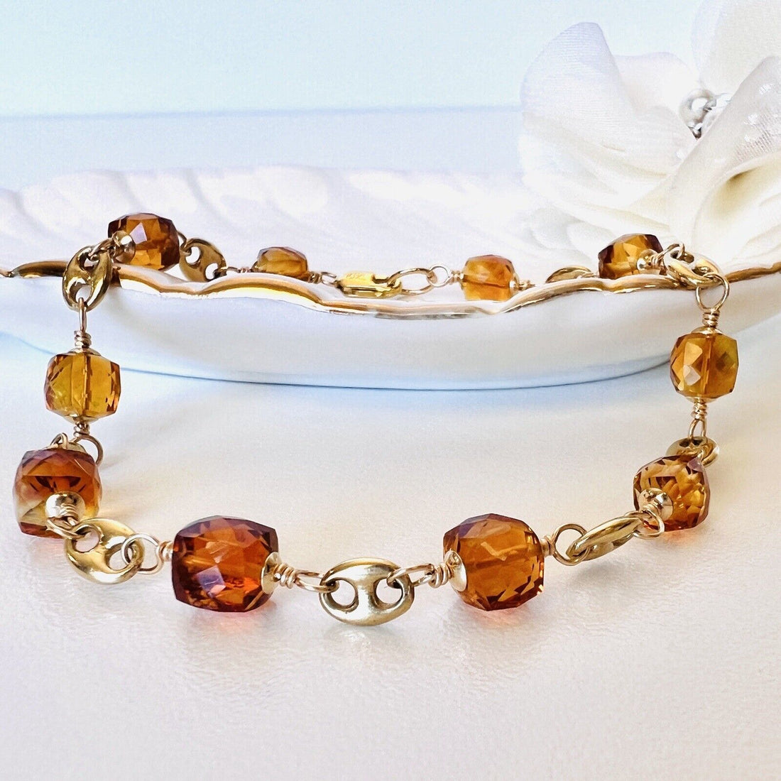Solid 14k Yellow Gold Genuine Citrine Cube Station Bracelet, New 8.25”