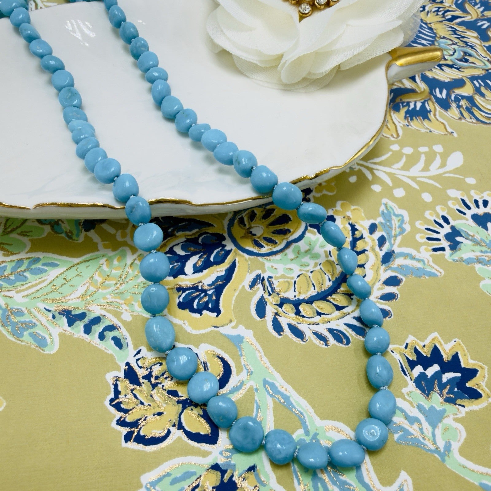 14k Yellow Gold Sleeping Beauty Turquoise Necklace, New, Adjustable 17.5-19.5"
