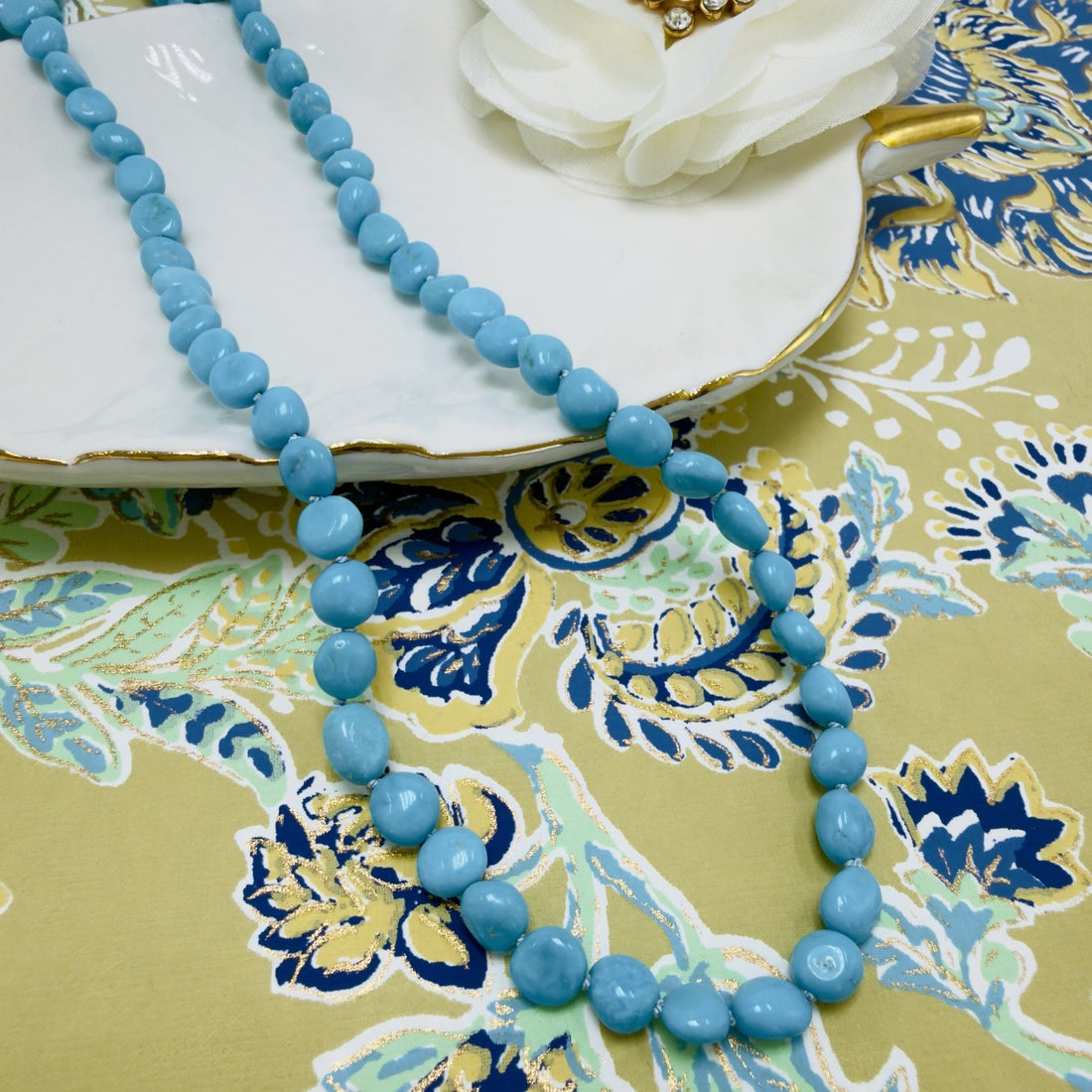 14k Yellow Gold Sleeping Beauty Turquoise Necklace, New, Adjustable 17.5-19.5"