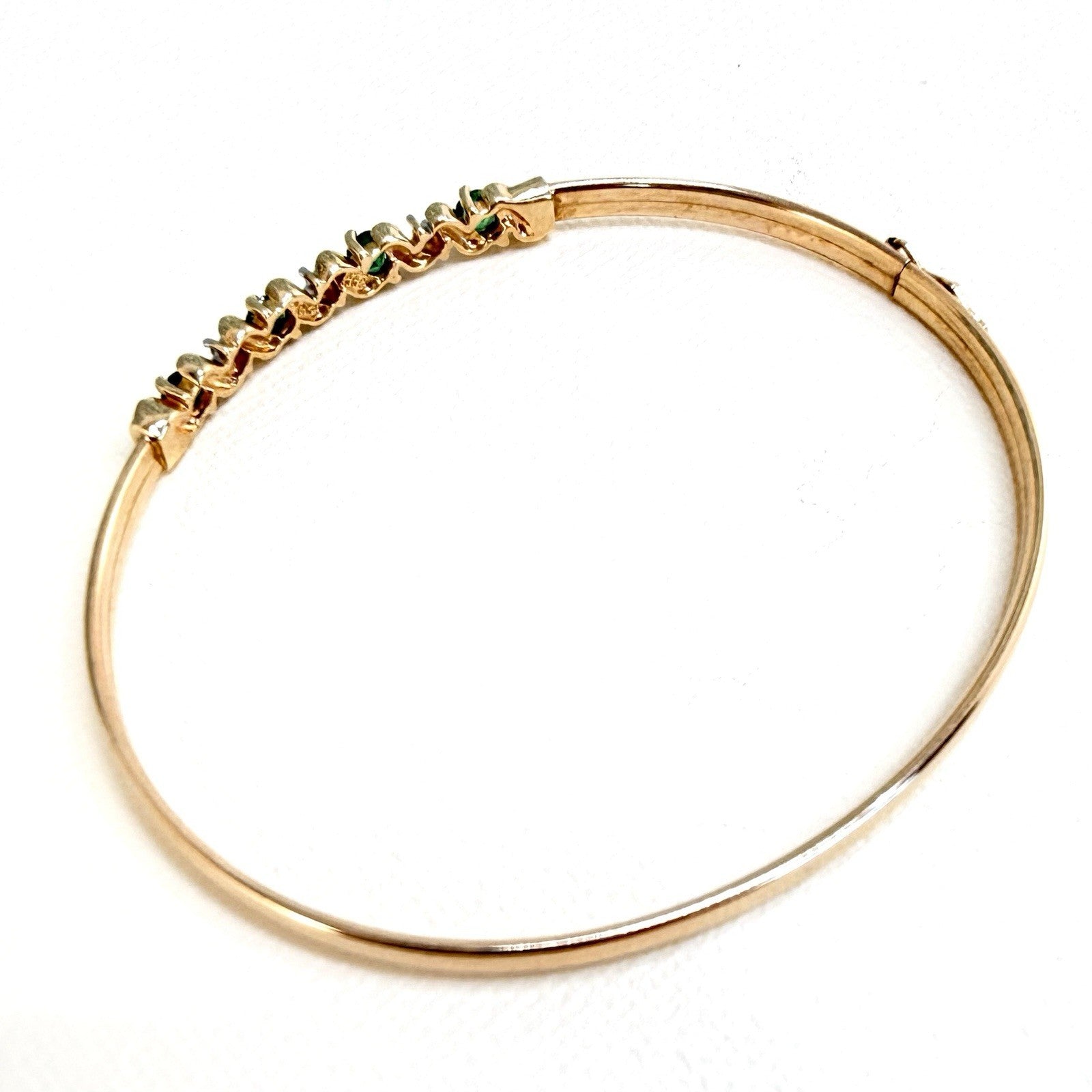 10k Yellow Gold Genuine Emerald & Diamond Bangle Bracelet, Preowned