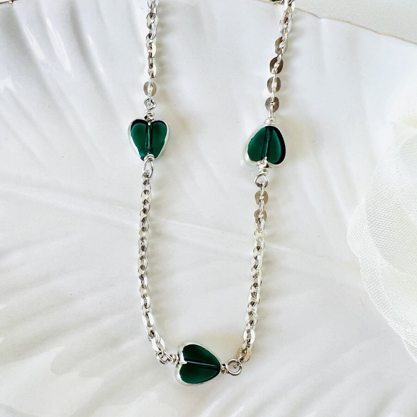 Vintage Sterling Silver Green Crystal Heart Station Necklace, New 15.5"