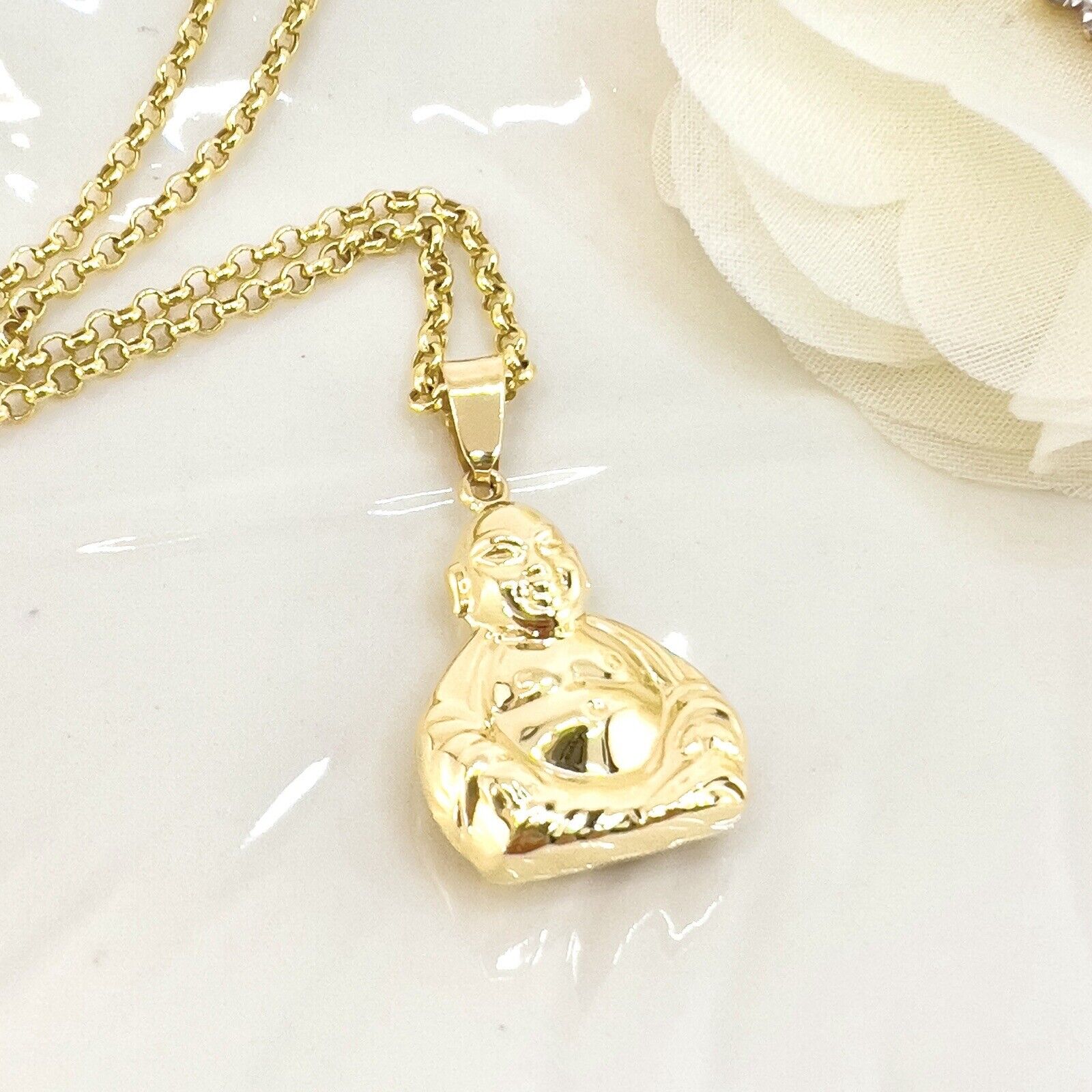 14k Yellow Gold Puffy 3-D Buddha Pendant, New, 1.20"