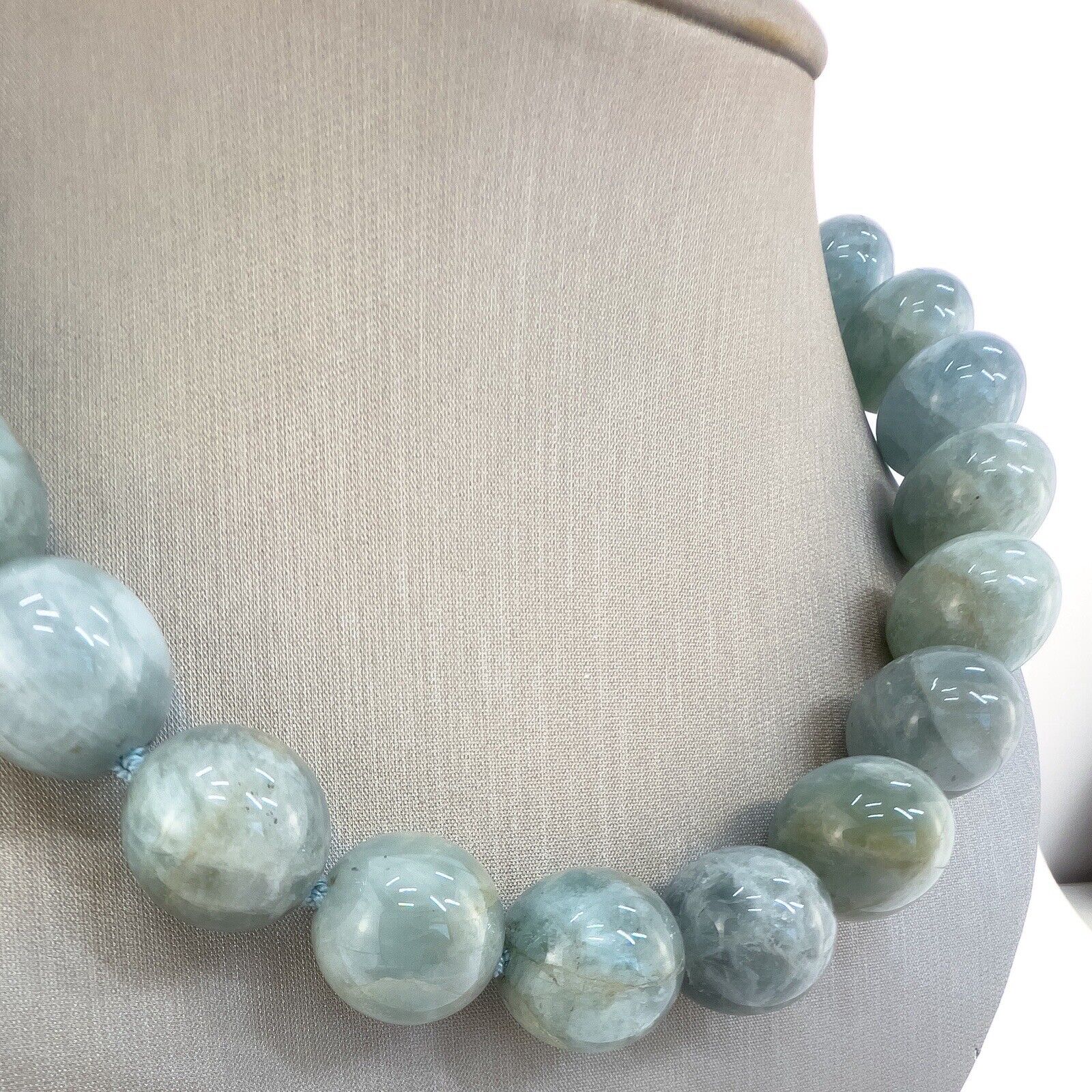 Genuine Aquamarine (16mm) Beaded Solid 14k Yellow Gold Necklace, New