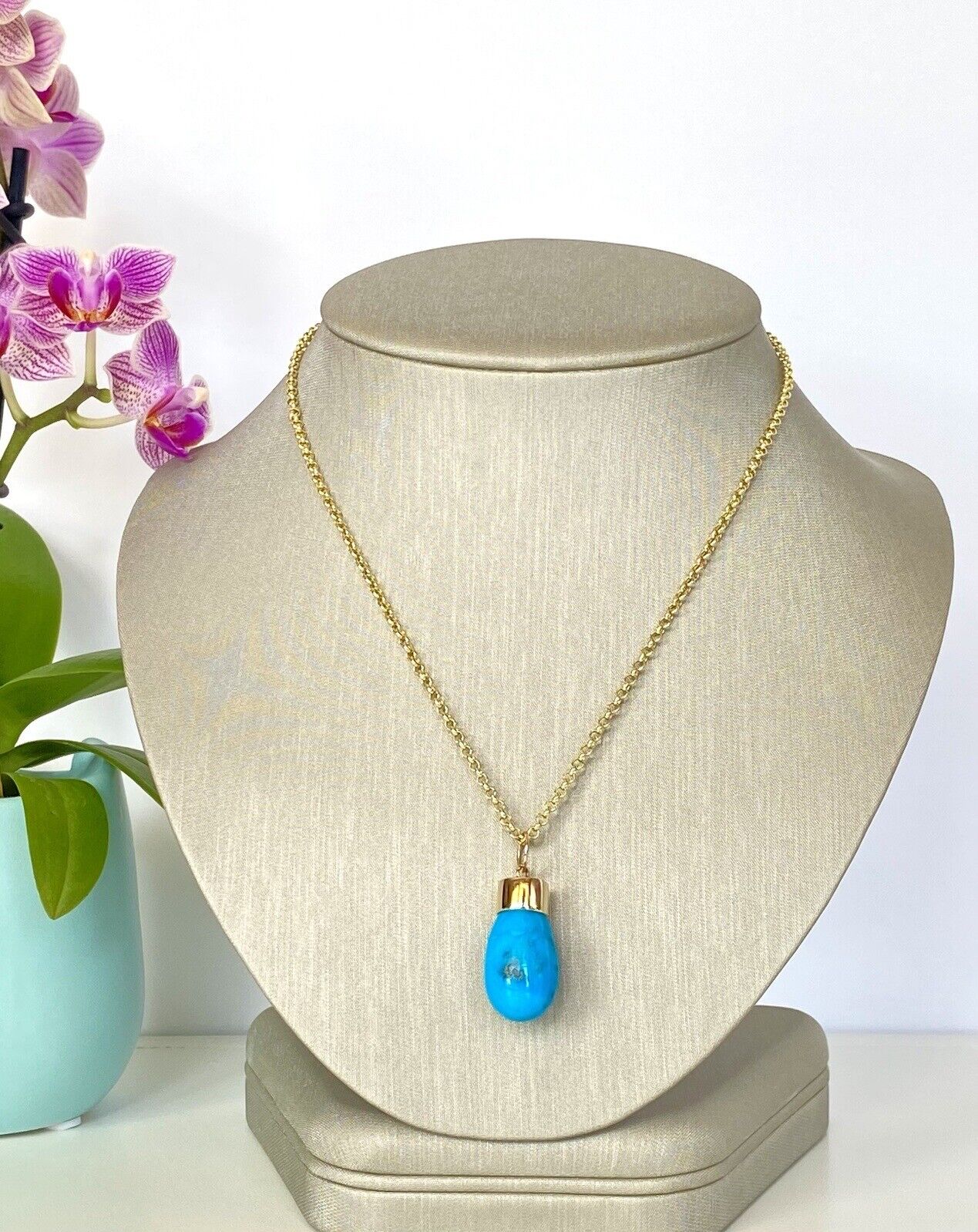 Natural Egyptian Turquoise (24ctw) & Solid 14K Yellow Gold Pendant, New 1.32" #1