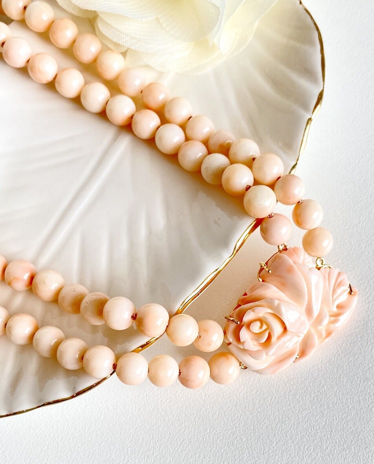 Natural Angel Skin Coral Solid 14k Gold 2-Row Necklace w/ Rose Carving, New, 17"