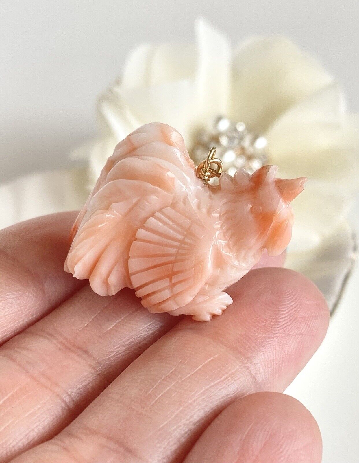 No Dye Salmon Coral Rooster (Asian Zodiac) 14k Yellow Gold Pendant/Necklace, New