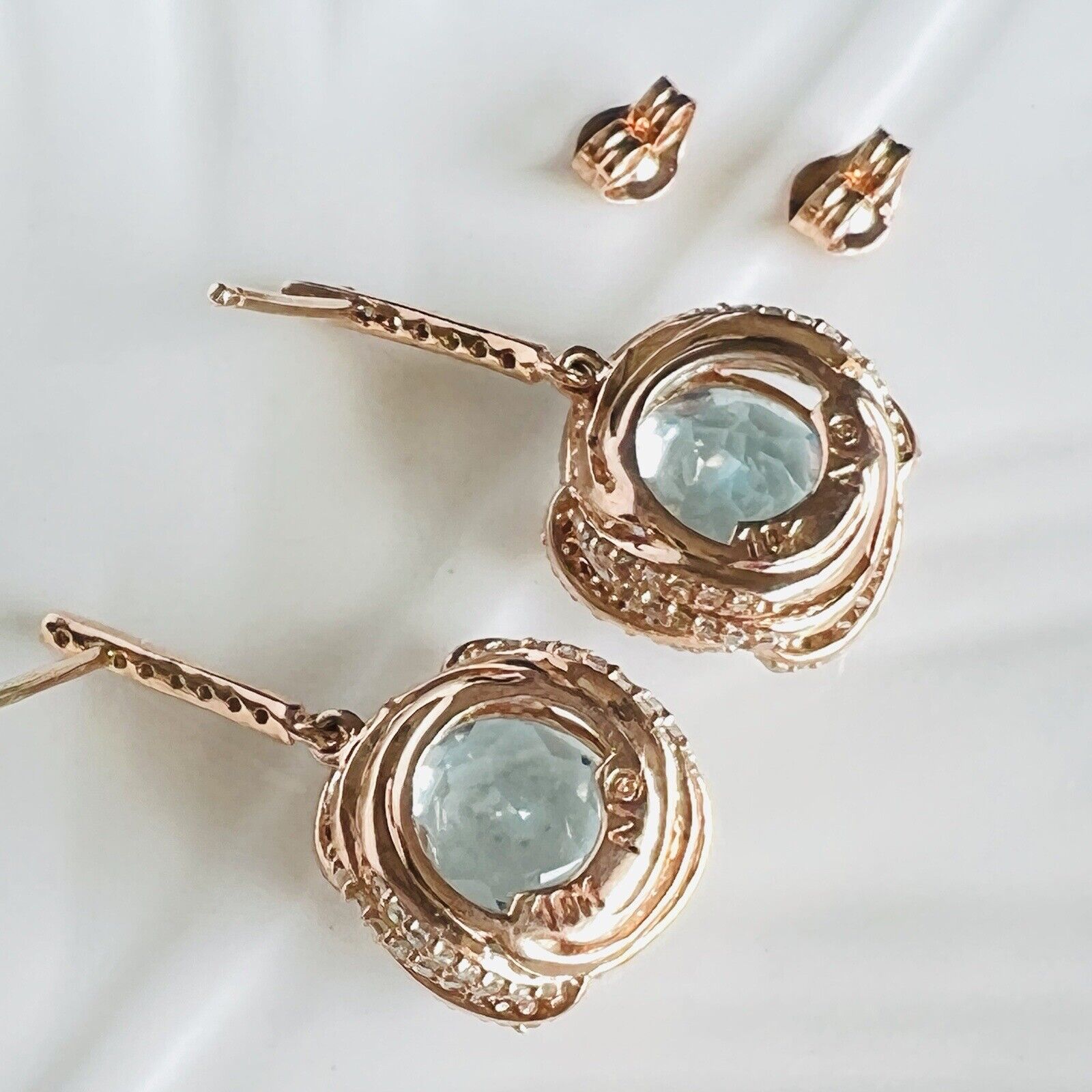 Solid 10k Rose Gold Genuine Blue Topaz (4.40ct) Diamond Dangle/Drop Earrings/New