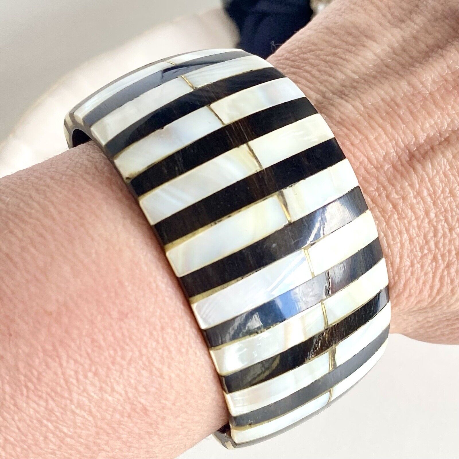 Vintage Mother of Pearl & Horn Inlay Bohemian Cuff Bracelet, Small