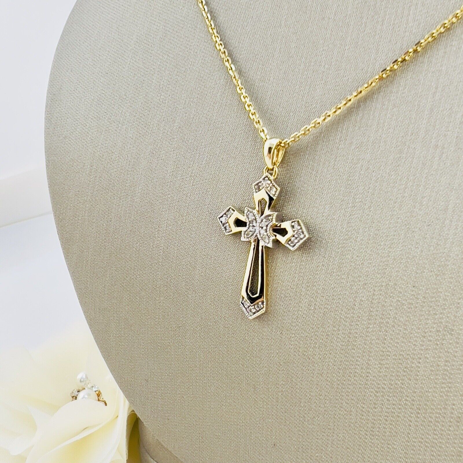 Solid 10K Yellow Gold Genuine Diamond Cross Pendant, New 1.3”