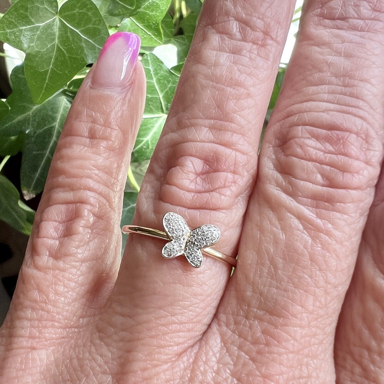 Solid 10k Yellow Gold Genuine Diamond Pave Butterfly Ring, Size 7