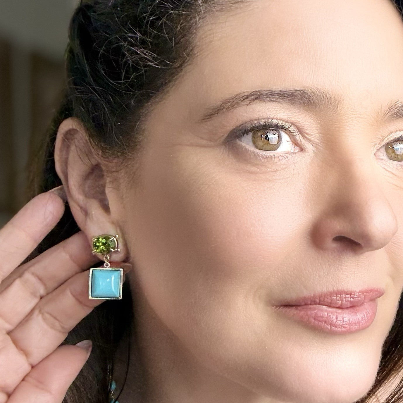 14k Yellow Gold Genuine Peridot & American Turquoise Statement Earrings, New