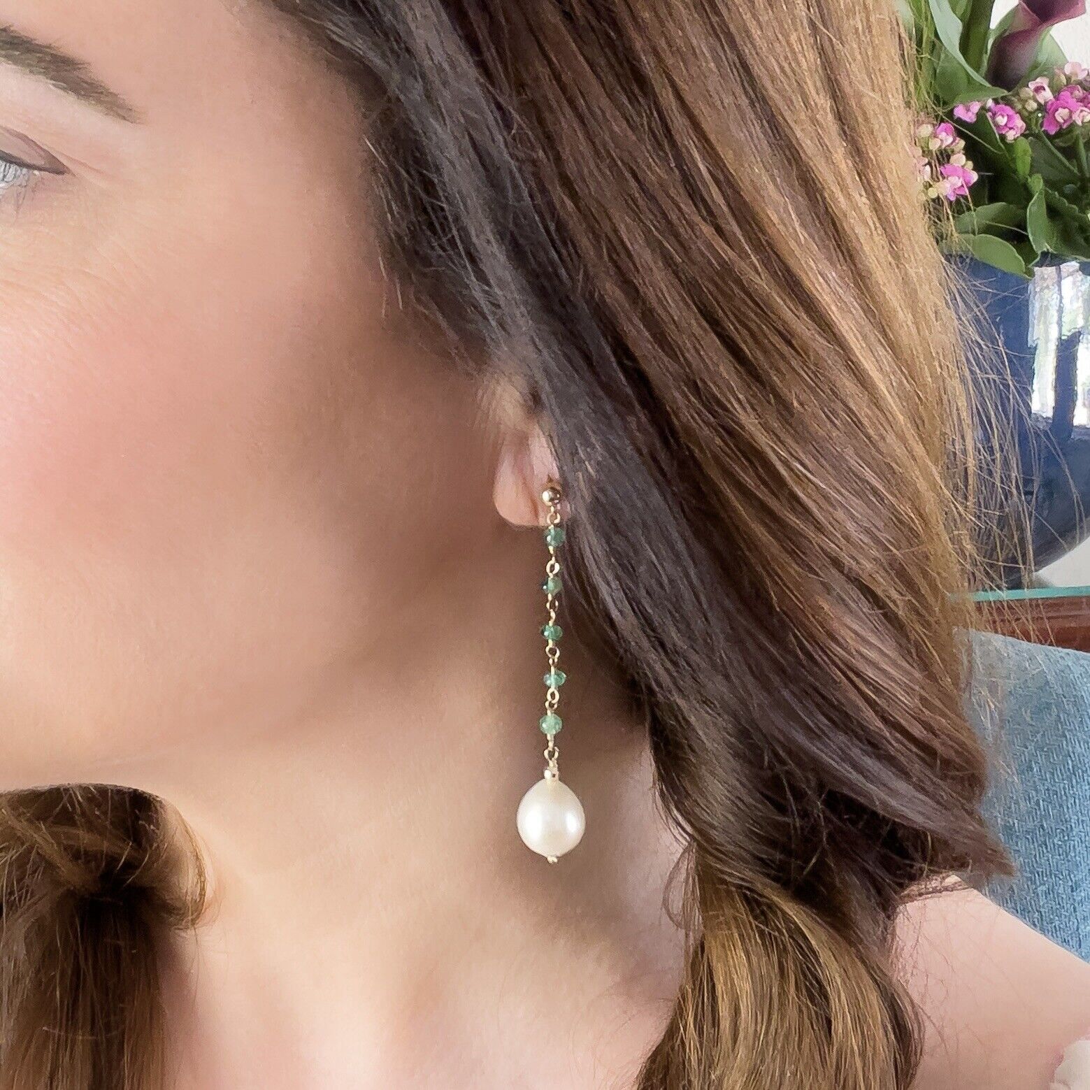 14k Yellow Gold Genuine Emerald & Pearl Dangle/Drop Earrings, New, 2.52"