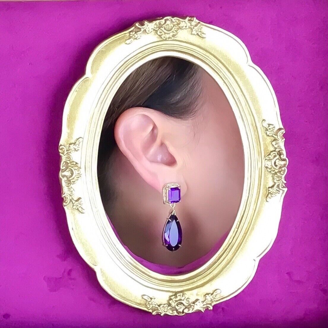 Solid 14k Yellow Gold Genuine Amethyst Omega-Back Dangle/Drop Earrings, 1.8"