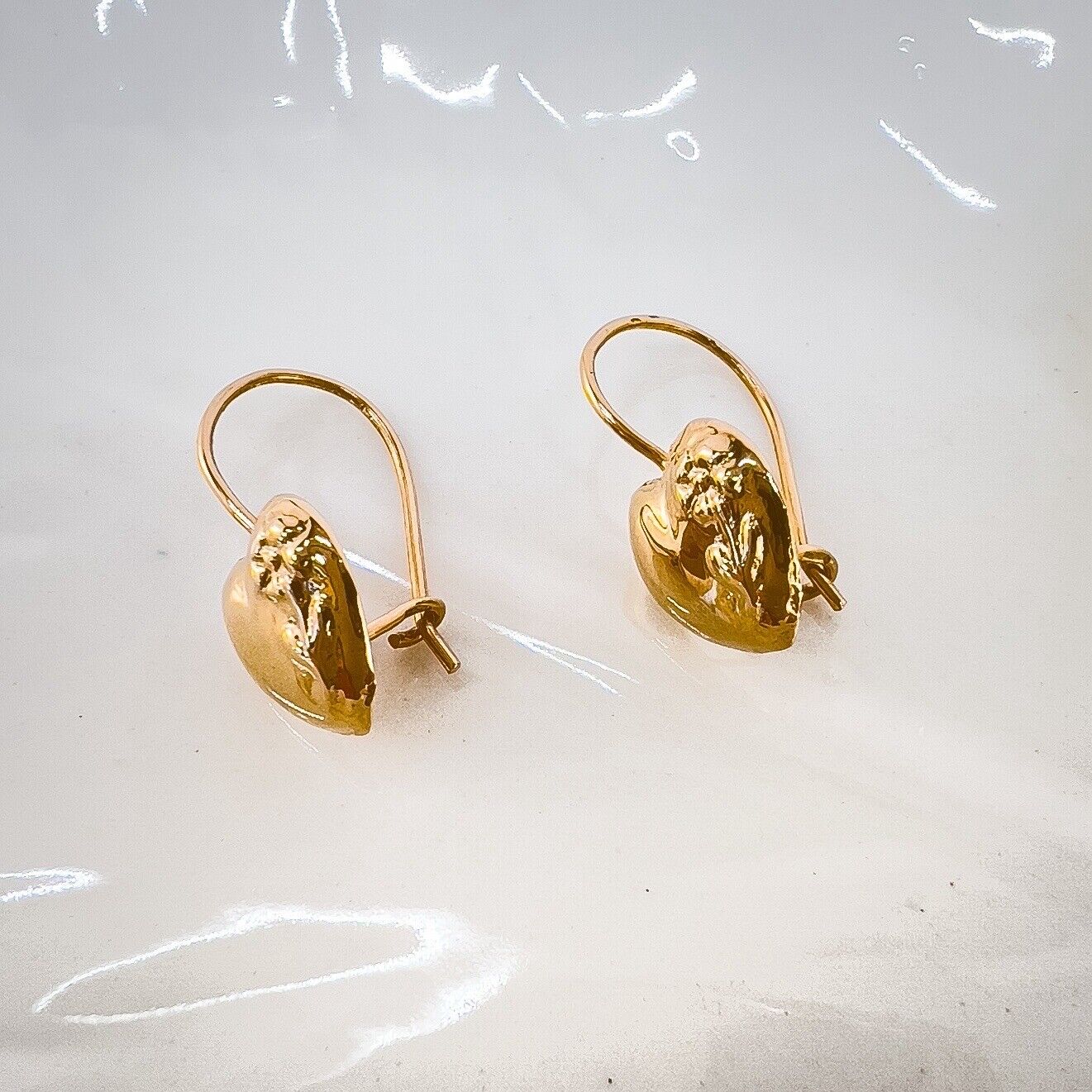 Antique 14k Rose Gold Repoussé Flower Heart Design Dangle Hook Earrings